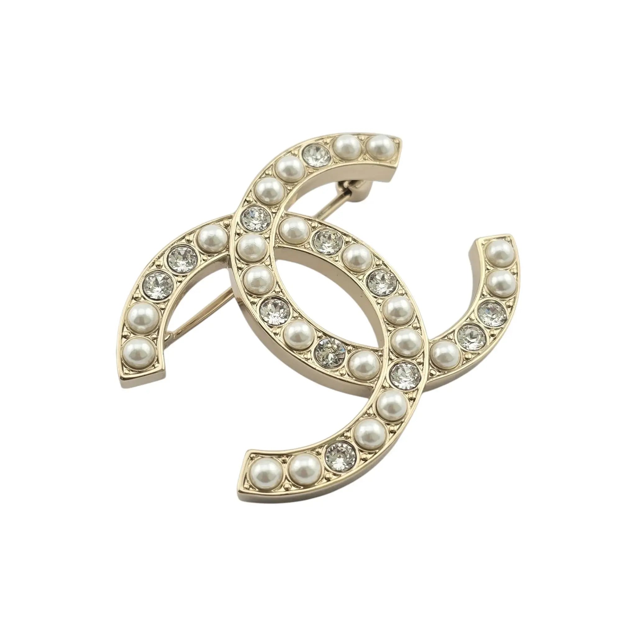 Chanel CC Gold Crystal Faux Pearl Brooch 2023 CHANEL