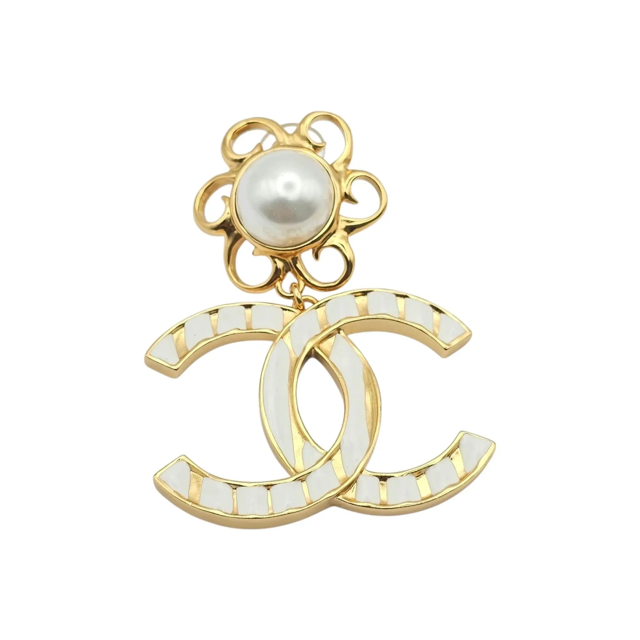 Chanel 23C XL Gold White Stripe Clip On Dangle Drop Earrings CHANEL