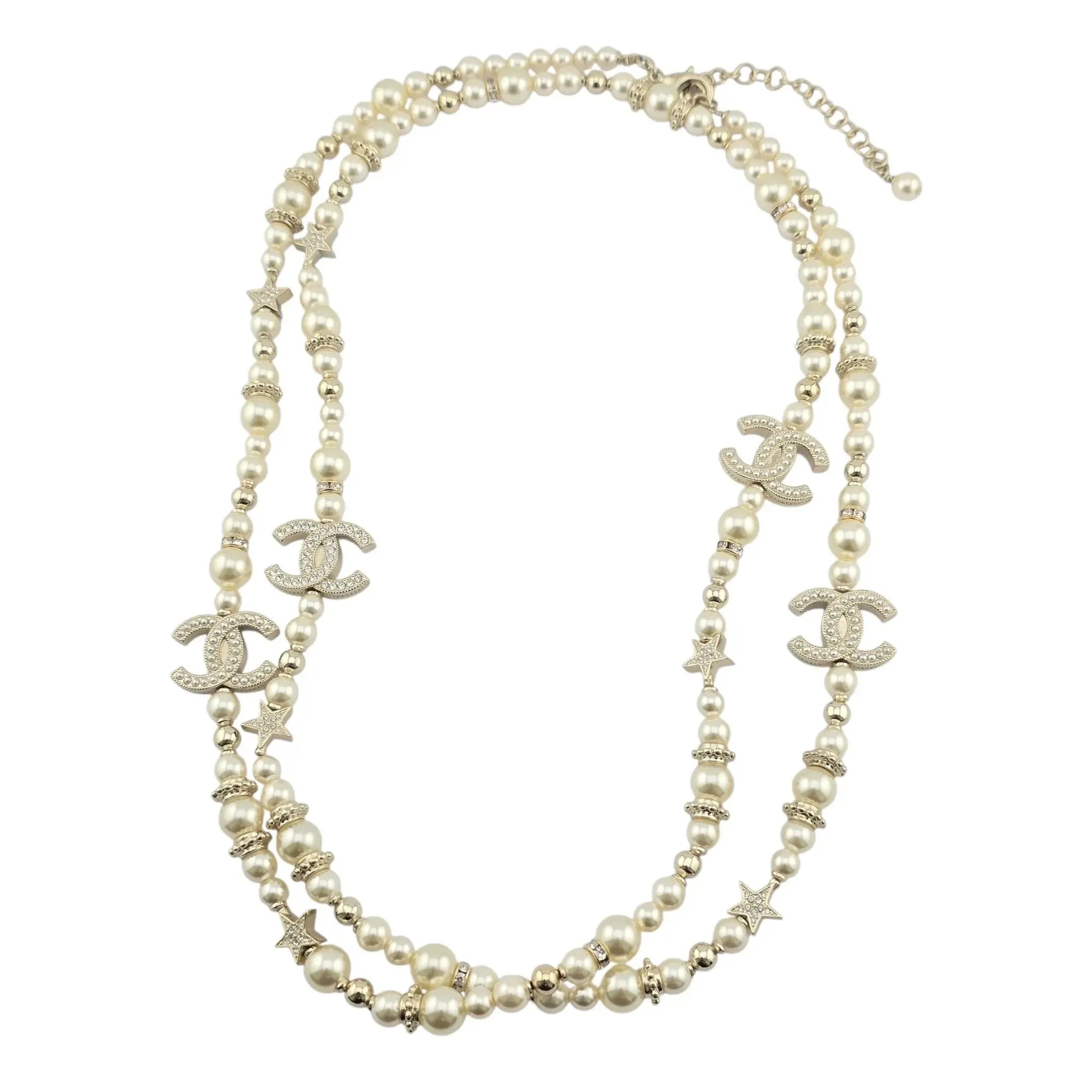 Chanel CC Long Faux Pearl Necklace Star Crystals 2023 CHANEL