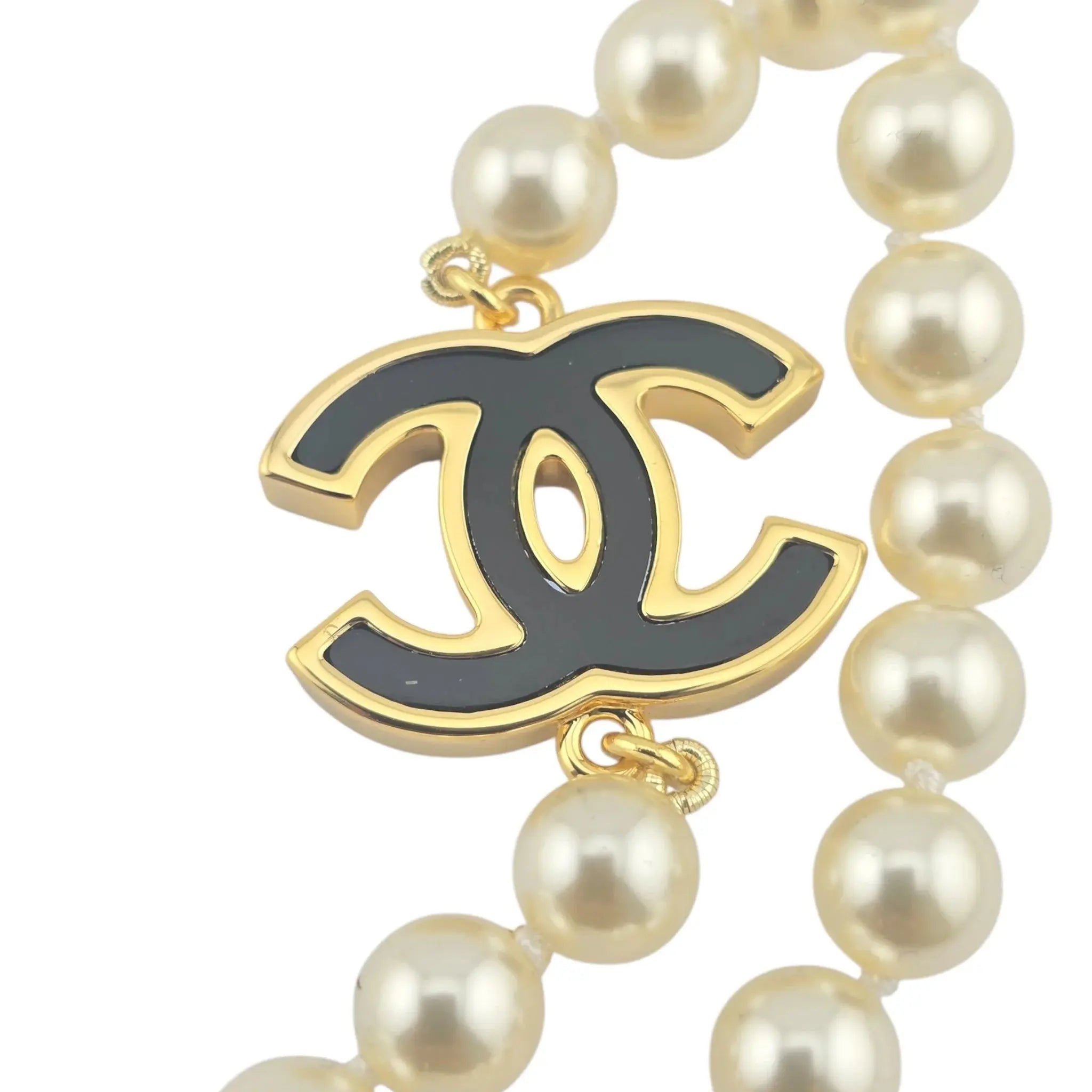 Chanel Black CC Pendant Long Faux Pearl Necklace B24 CHANEL