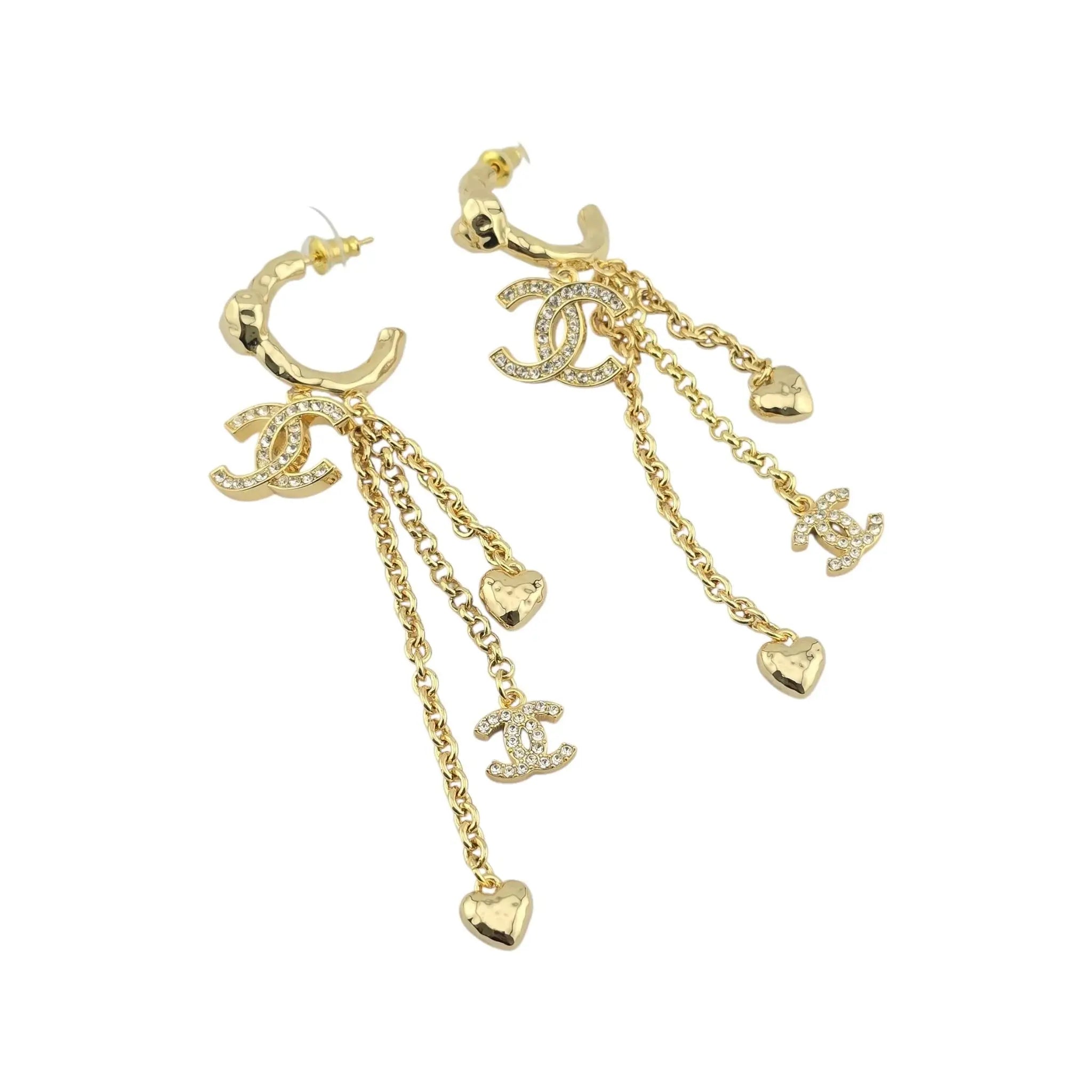 Chanel CC Chain Drop Gold Heart Hoop Earrings B23 CHANEL