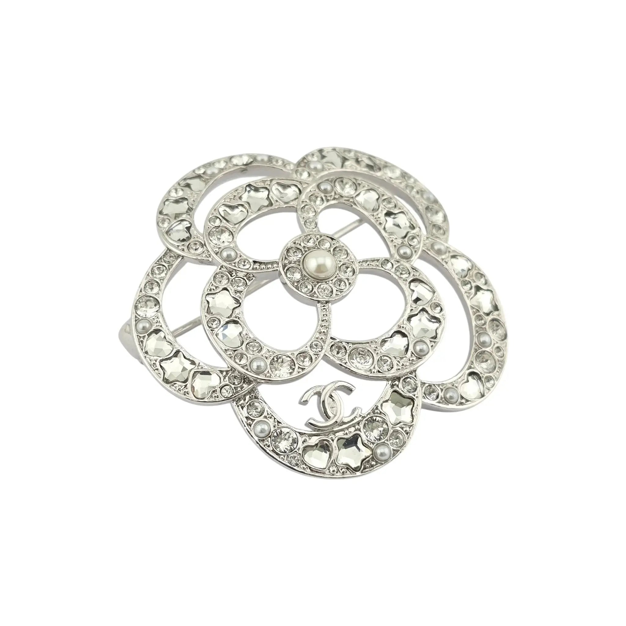 Chanel CC Silver Crystal Camellia Flower Brooch 2025 CHANEL