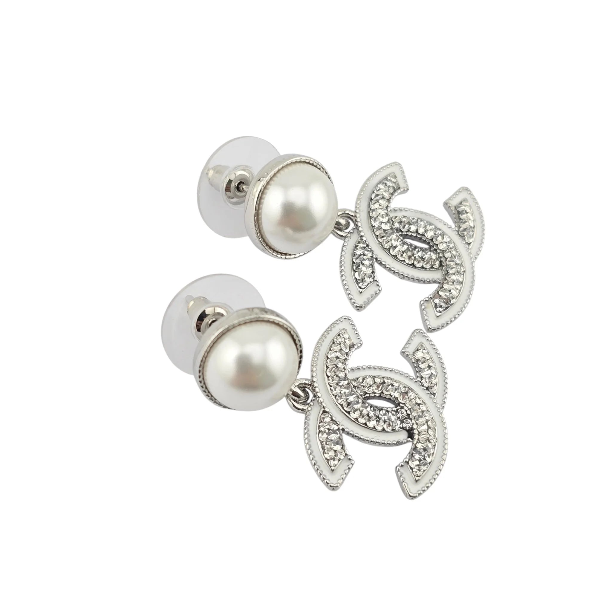 Chanel CC White Silver Crystal Faux Pearl Drop Earrings 2025 CHANEL