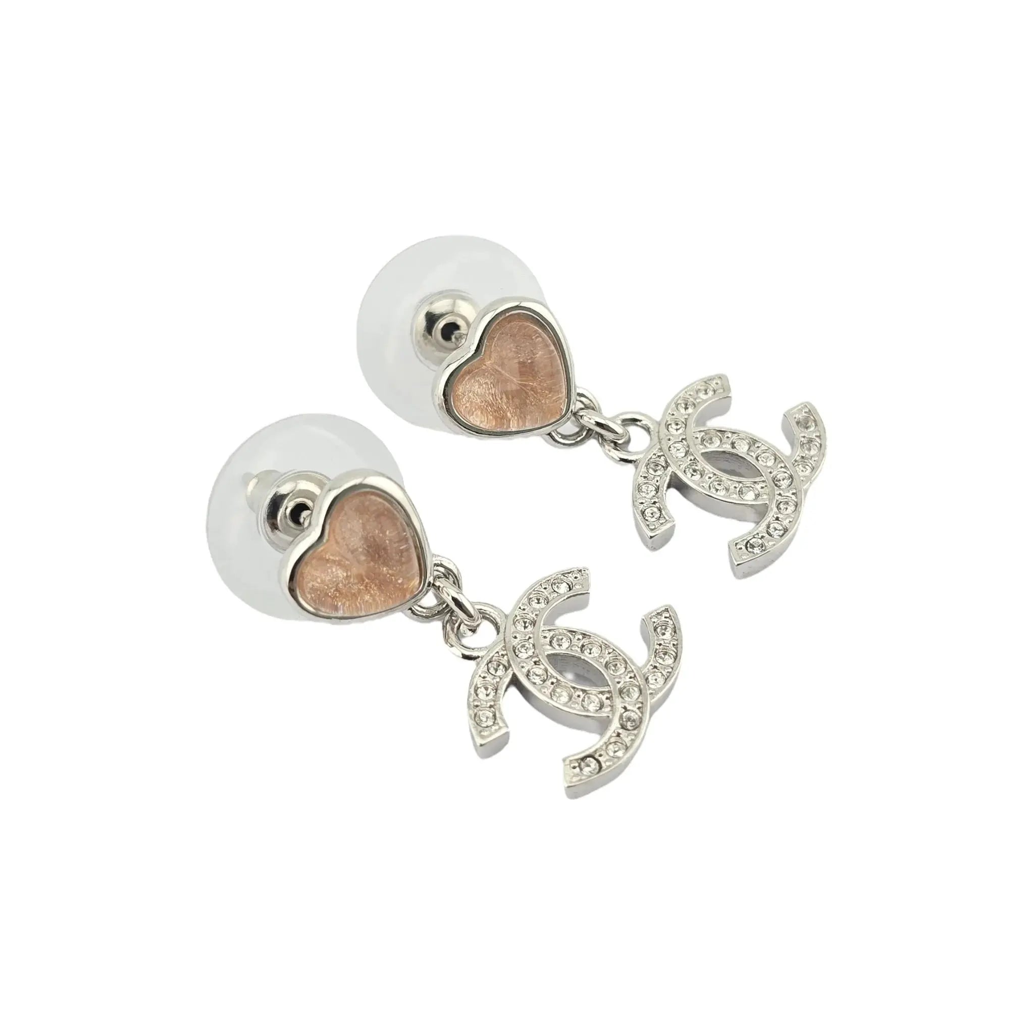 Chanel CC Silver Pink Heart Drop Earrings 2025 CHANEL