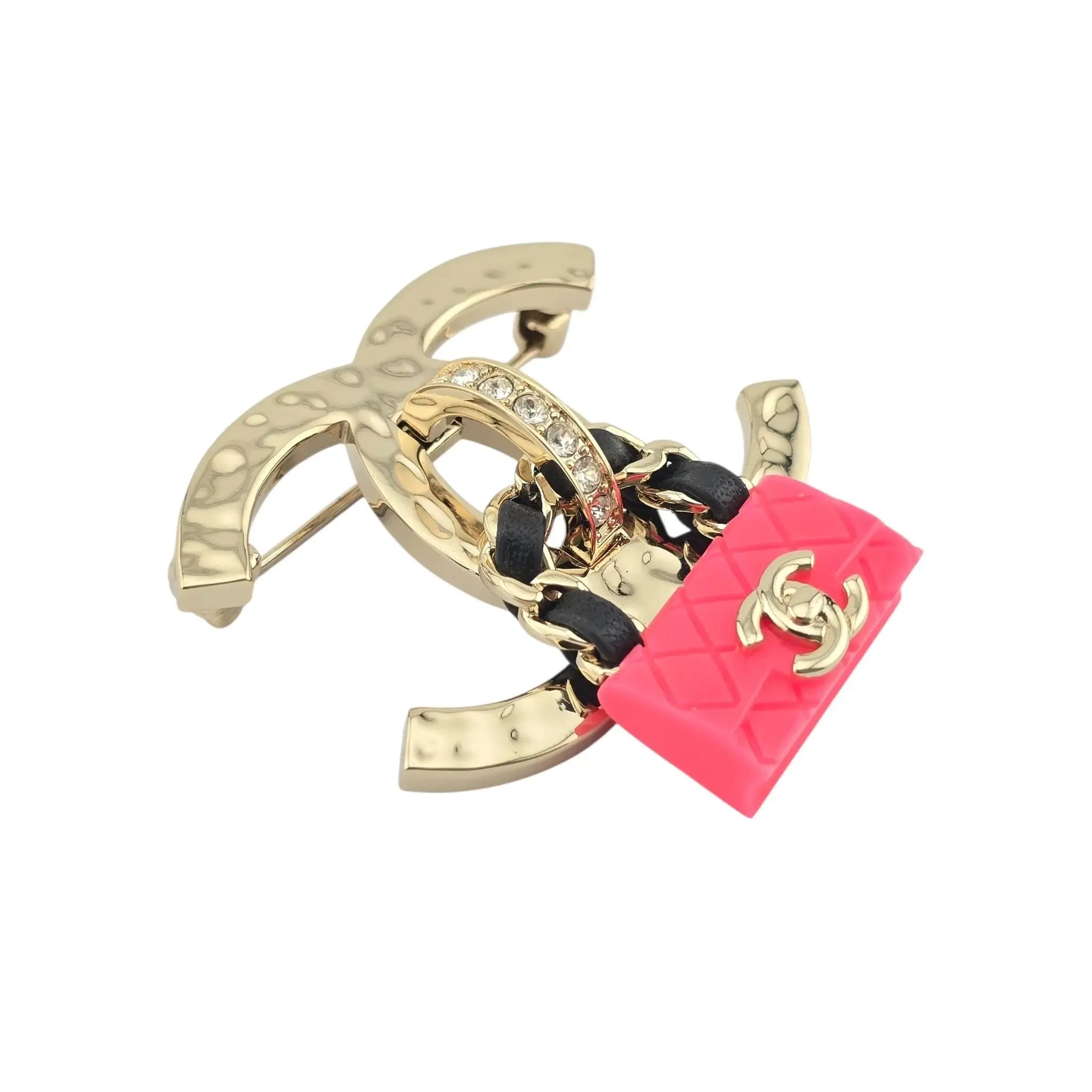 Chanel CC Crystal Resin Flap Bag Brooch Gold Pink 2023 CHANEL
