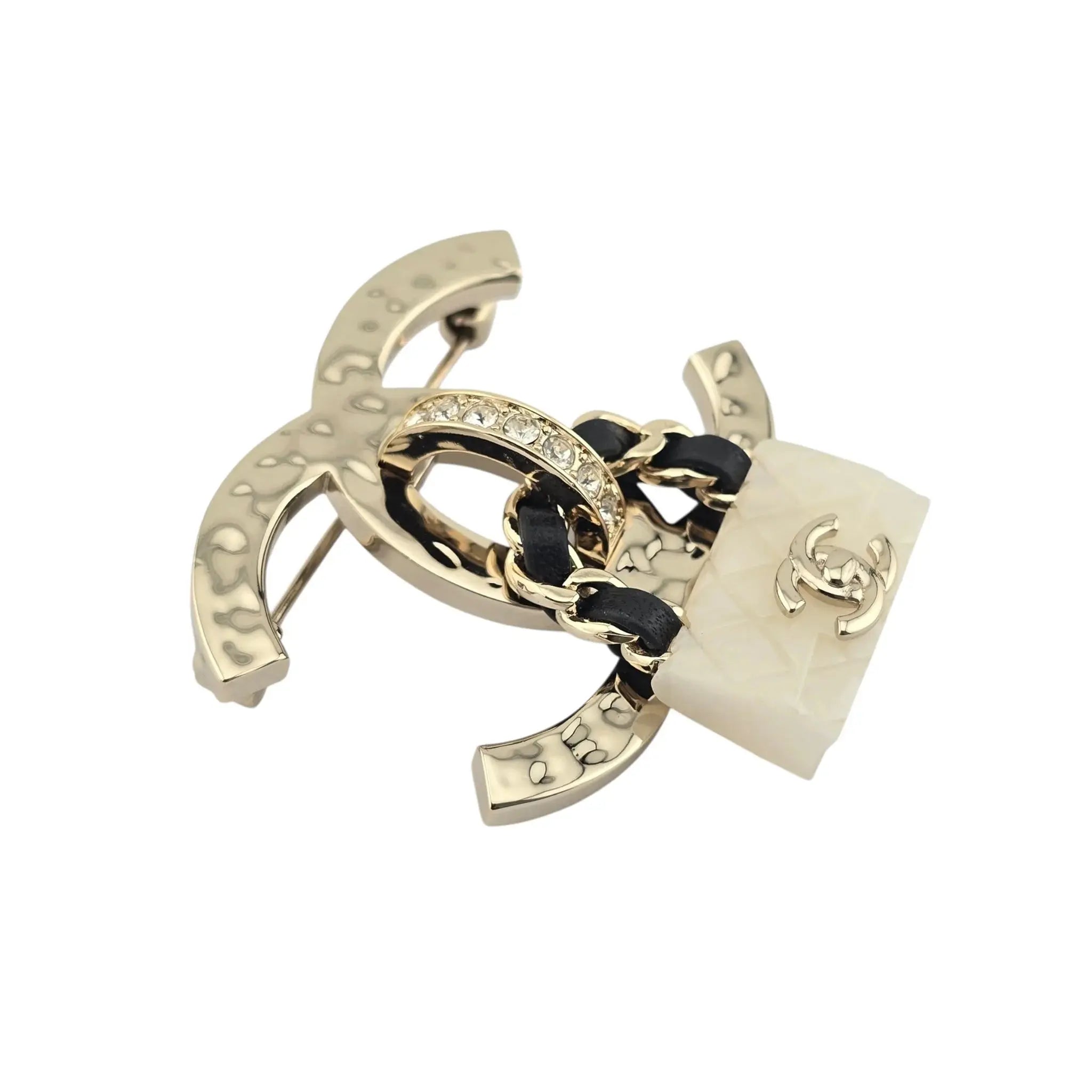 Chanel CC Crystal Resin Flap Bag Brooch Gold White 2023 CHANEL