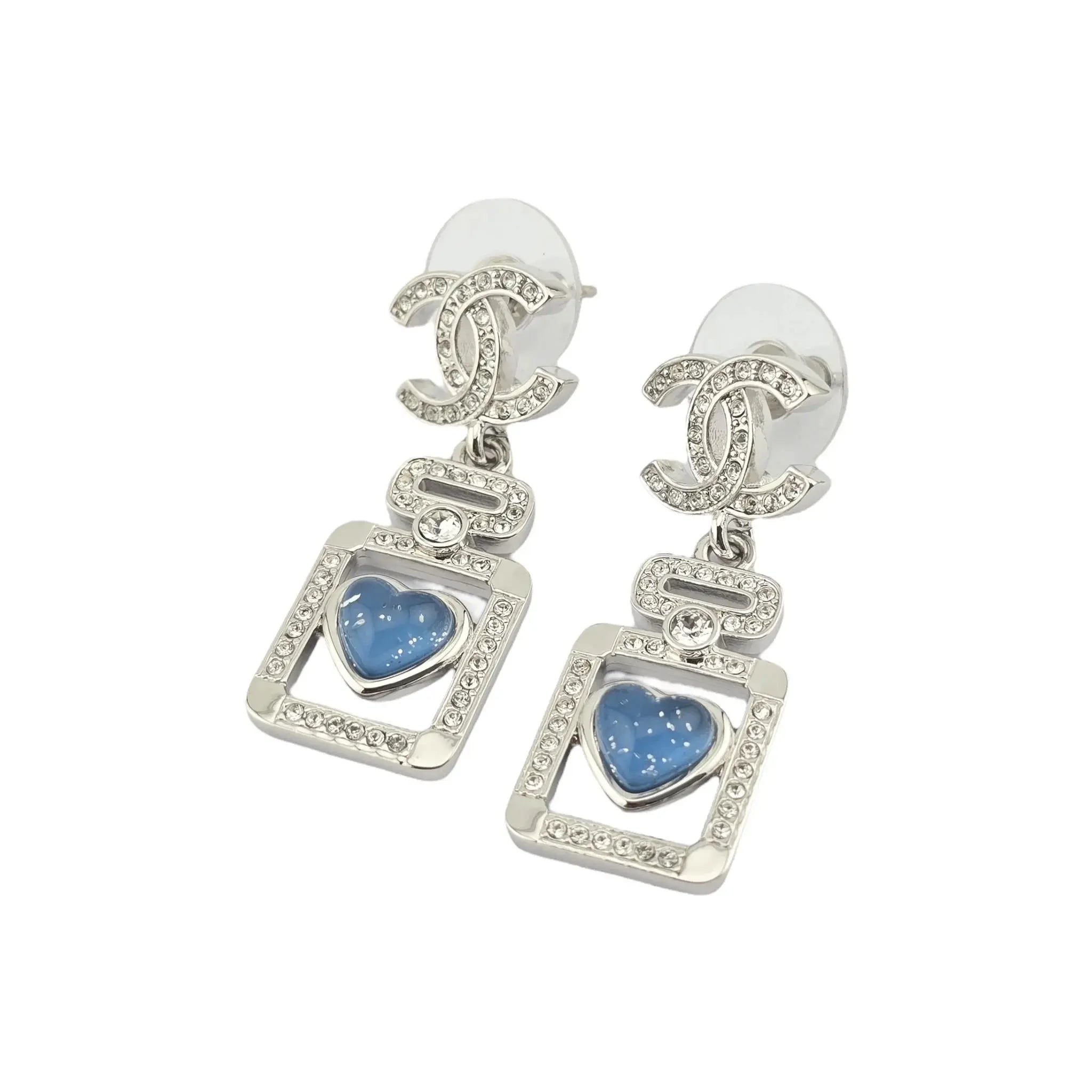 Chanel CC Silver Blue Heart Bottle Drop Earrings 2025 CHANEL