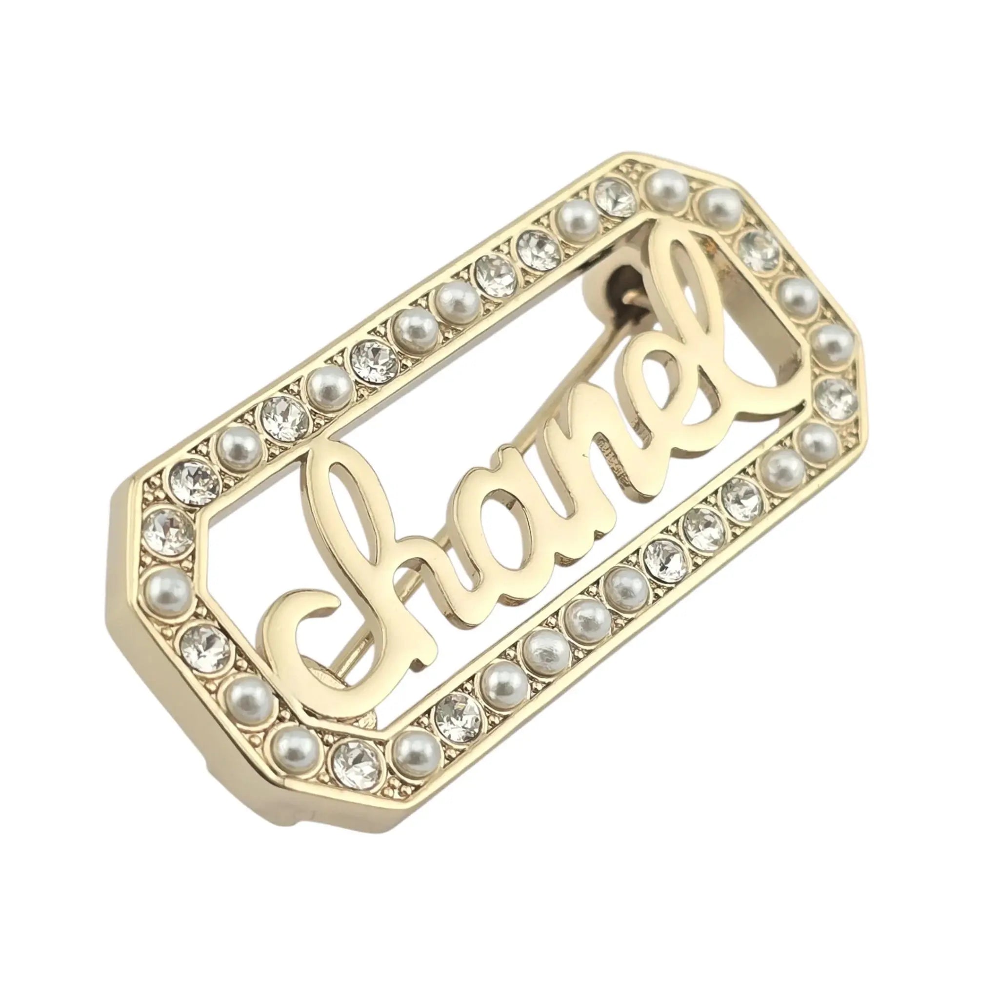 Chanel Logo Crystal Pearl Brooch 2023 CHANEL