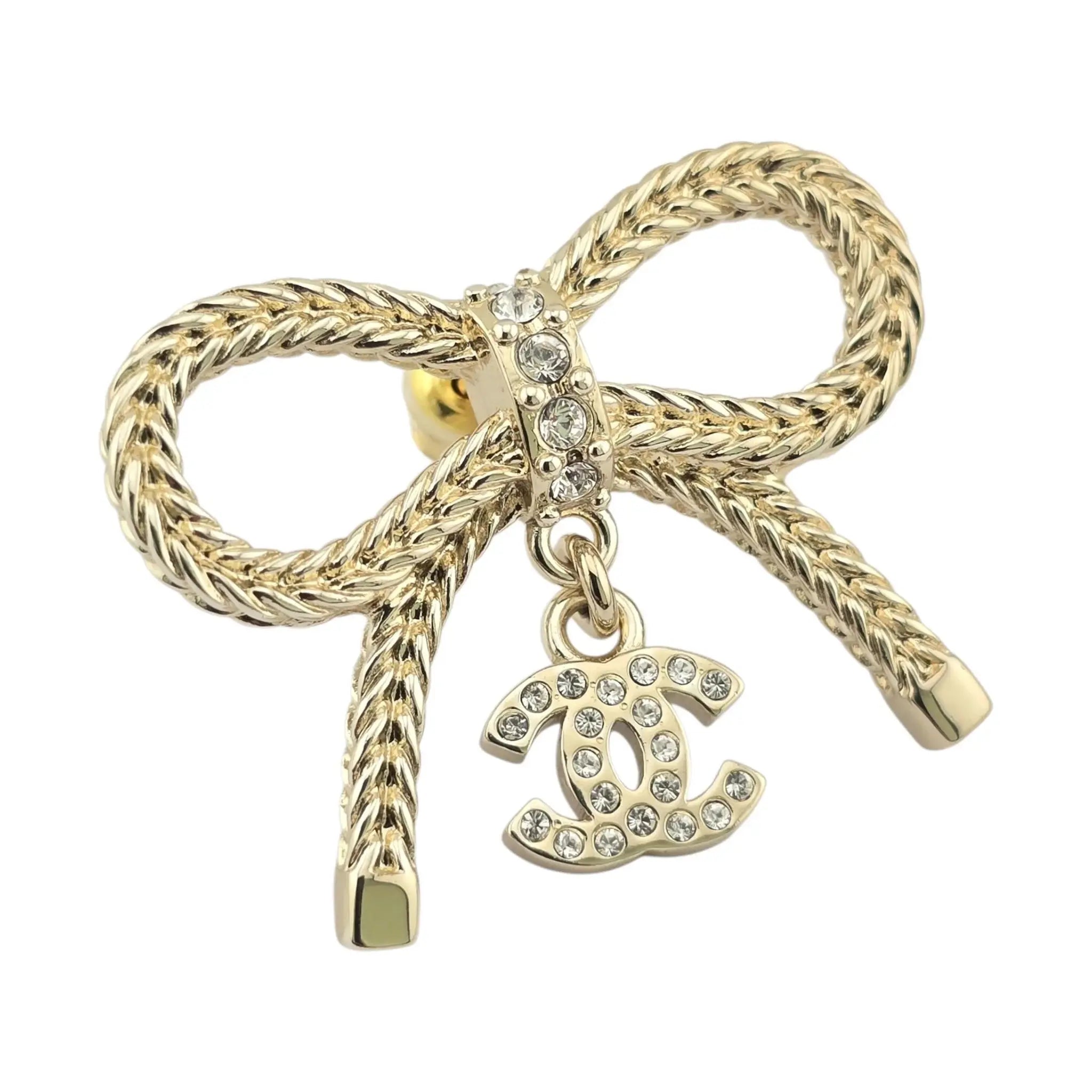 Chanel CC Crystal Bow Drop Earrings Gold 2024 CHANEL