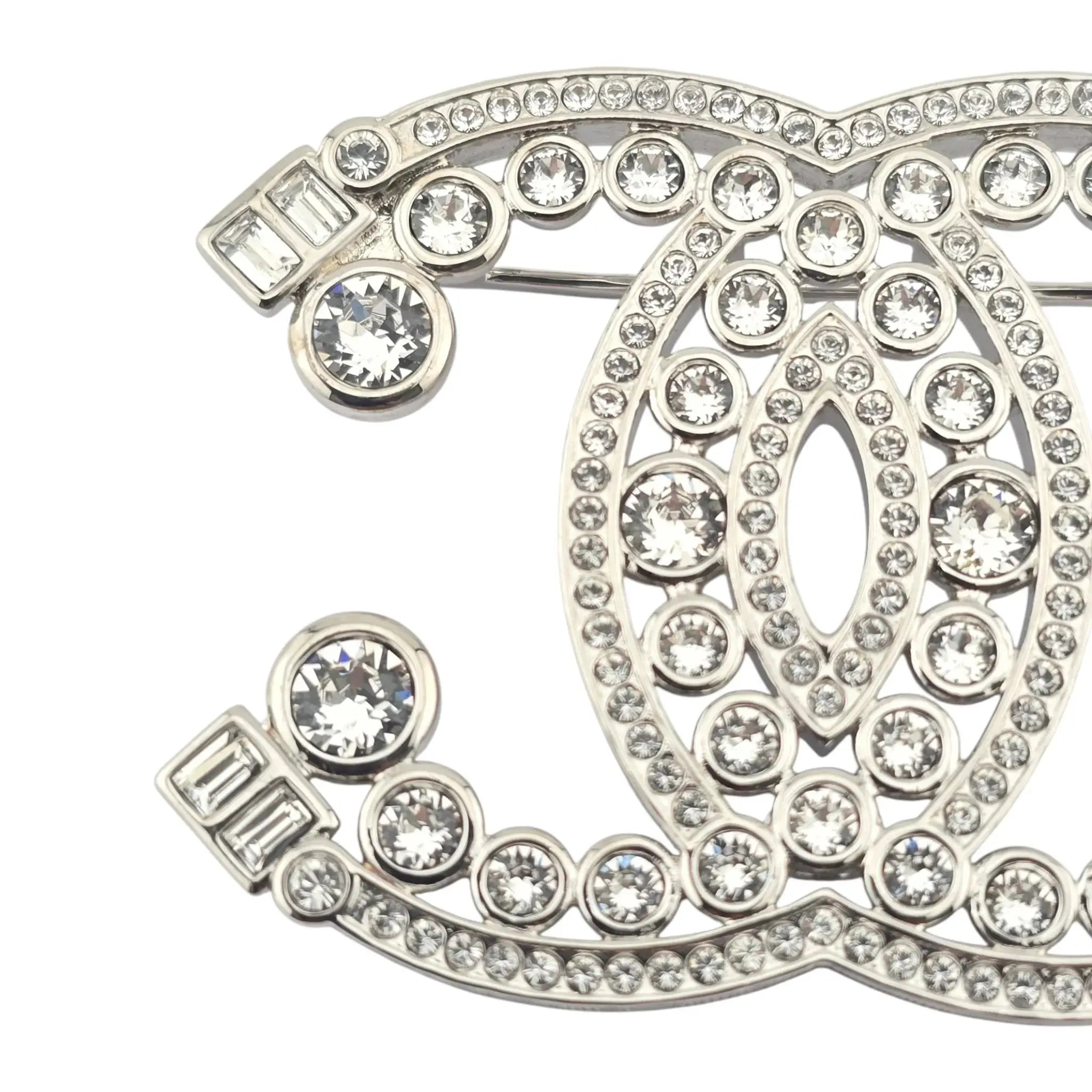 Chanel CC Metal Crystal Brooch Silver 2023 CHANEL