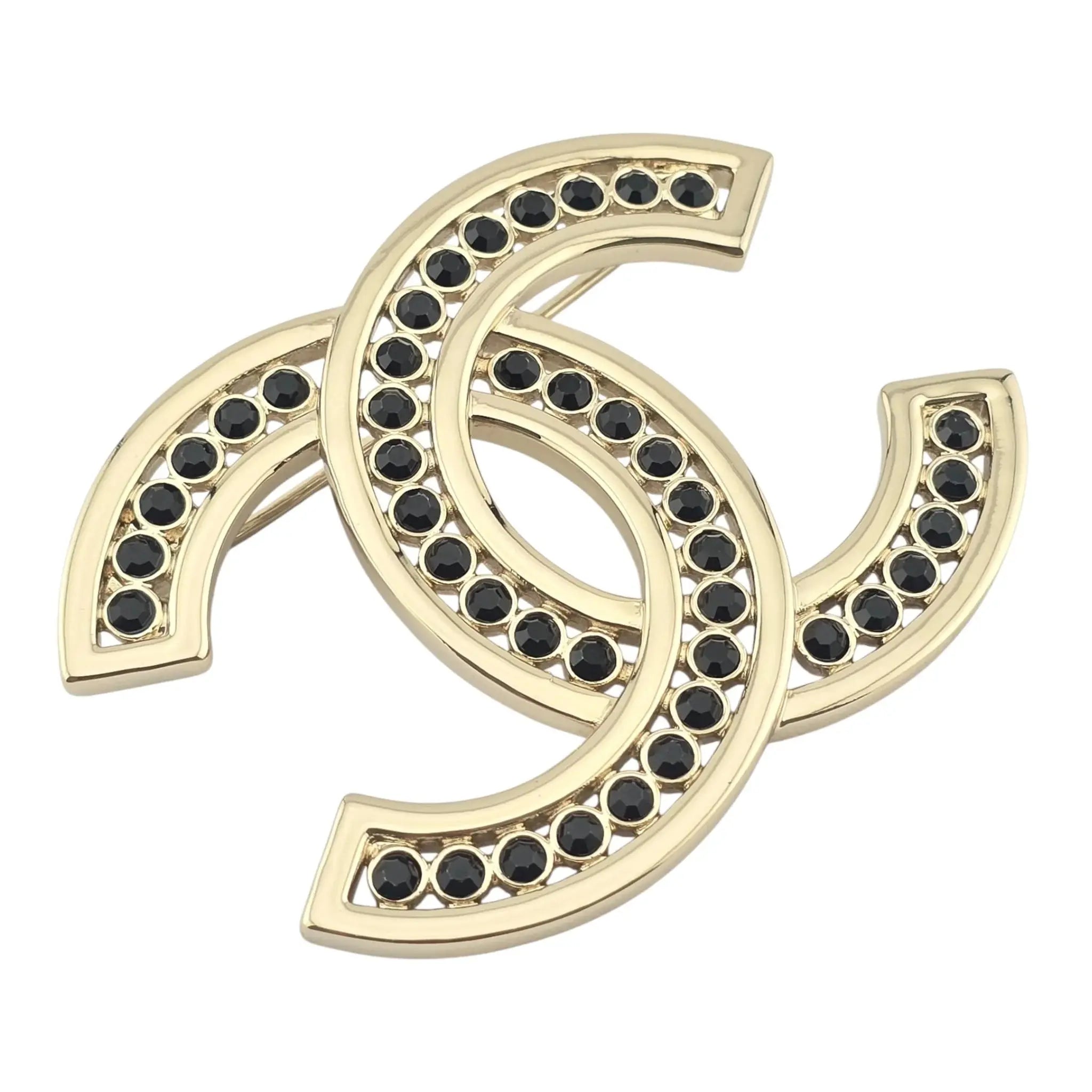Chanel CC Metal Crystal Brooch Gold Black CHANEL