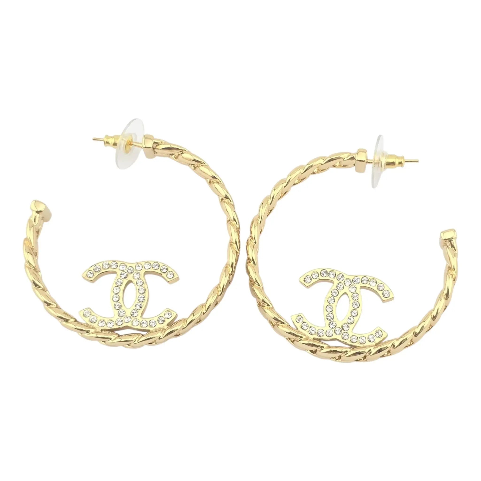 Chanel CC Crystal Hoop Earrings Gold CHANEL