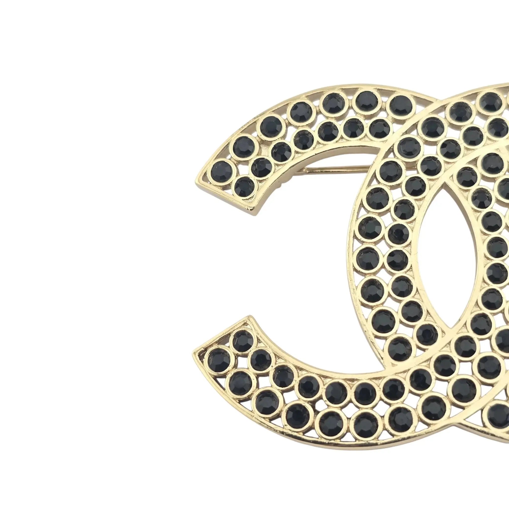 Chanel CC Metal Crystal Brooch Gold Black 2023 CHANEL