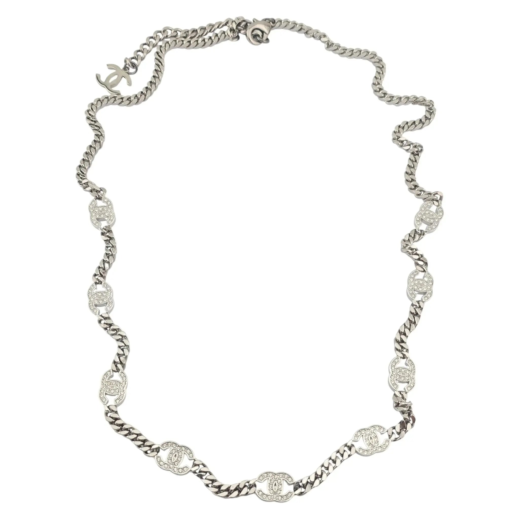 Chanel CC Ruthenium Crystal Chain Silver Long Necklace 2021 CHANEL