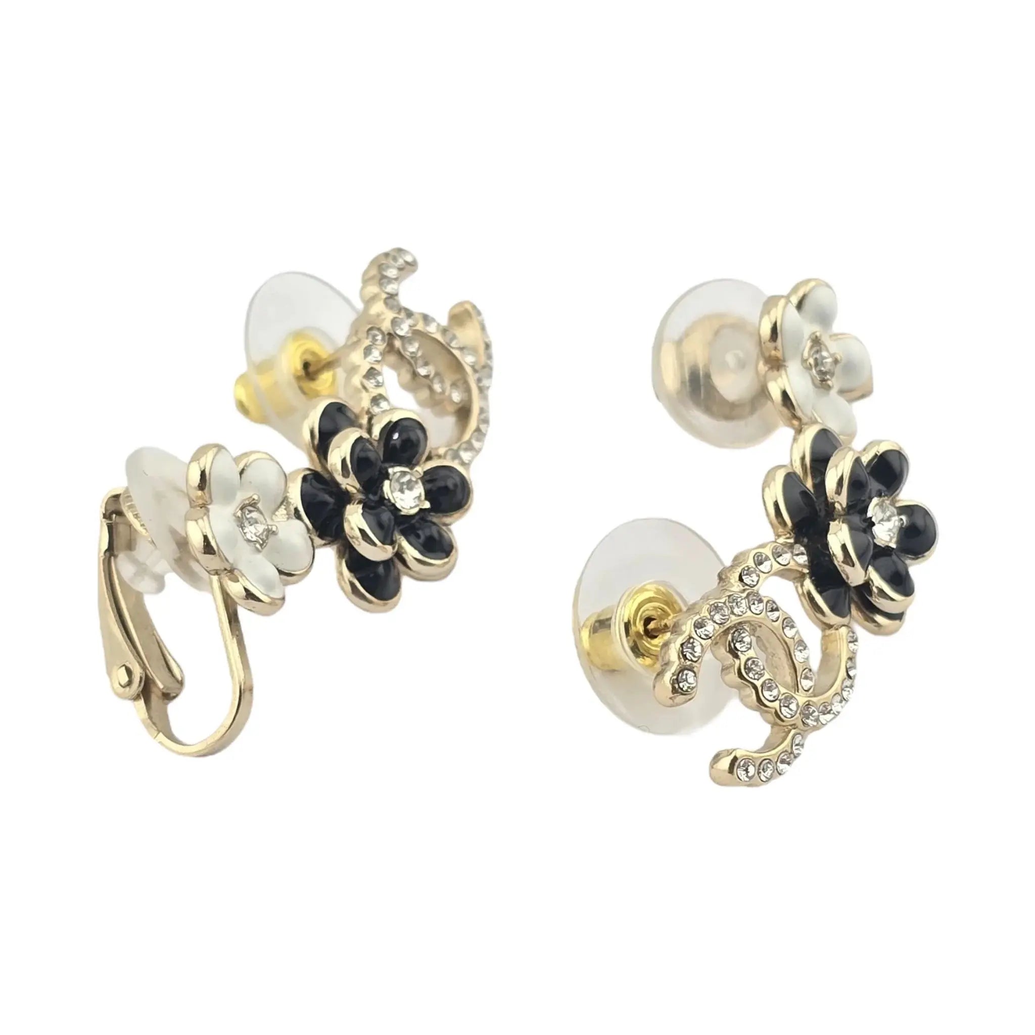 Chanel CC Crystal Enamel Camelia Clip On Stud Earrings Black White CHANEL