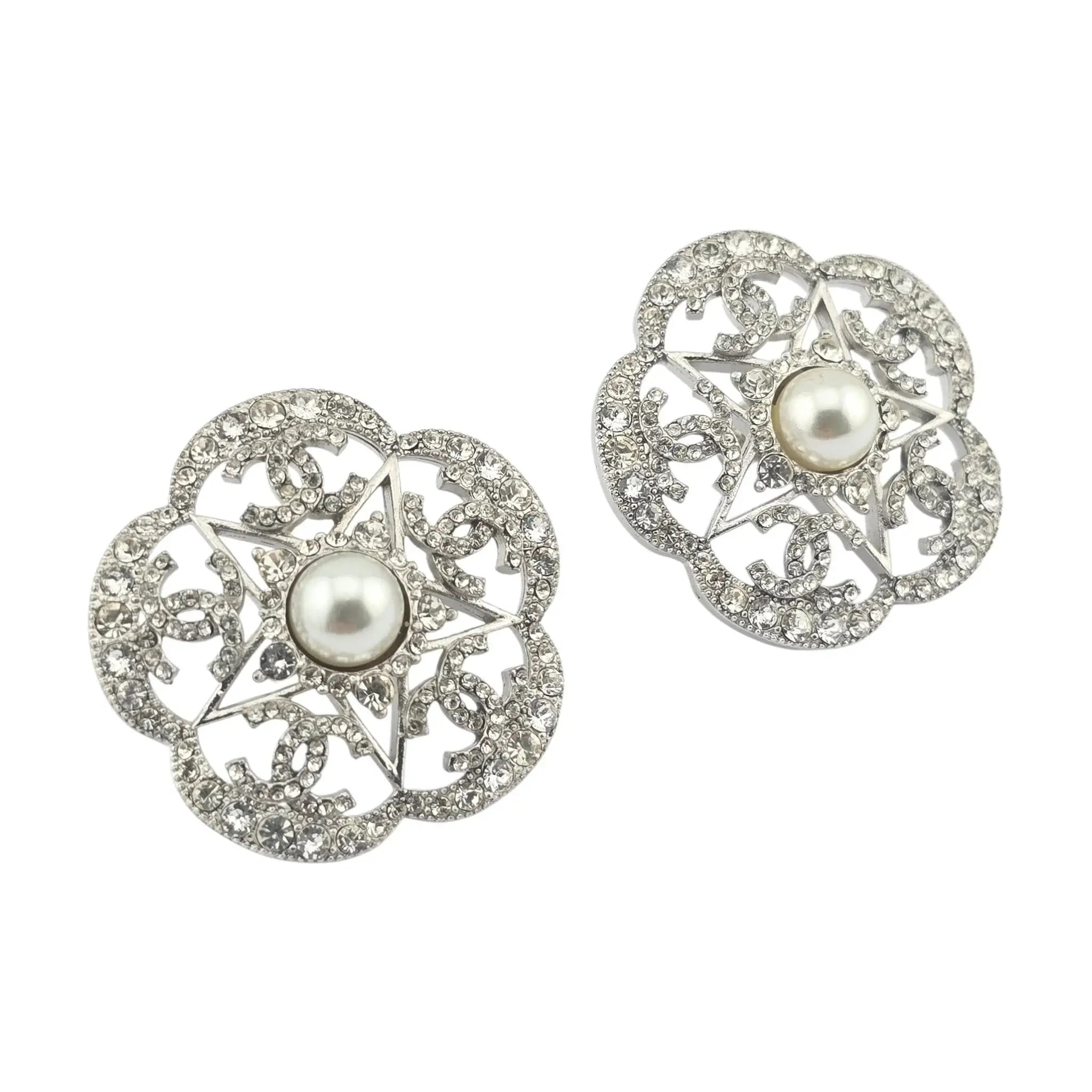 Chanel CC Silver Crystal Camellia Flower Earrings 2025 CHANEL