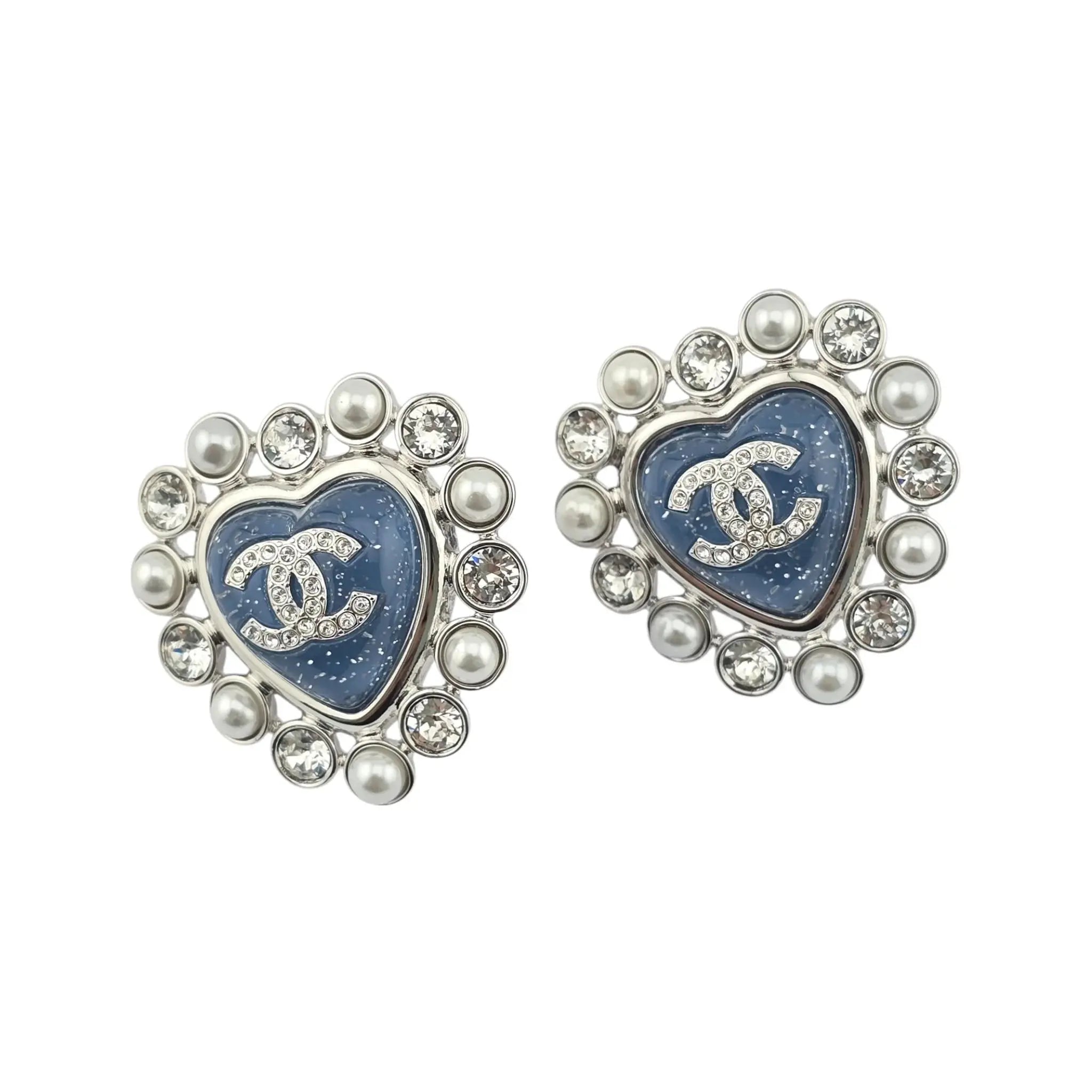 Chanel CC Silver Blue Heart Crystal Faux Pearl Earrings 2025 CHANEL