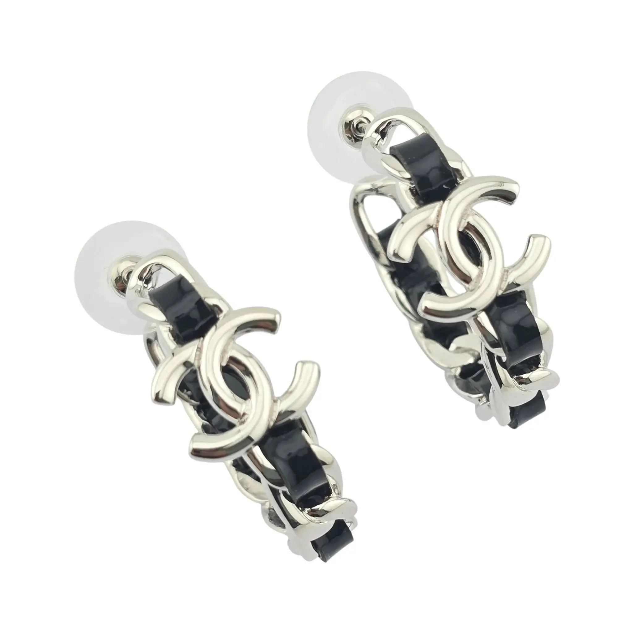 Chanel CC Leather Black Hoop Earrings 2025 CHANEL