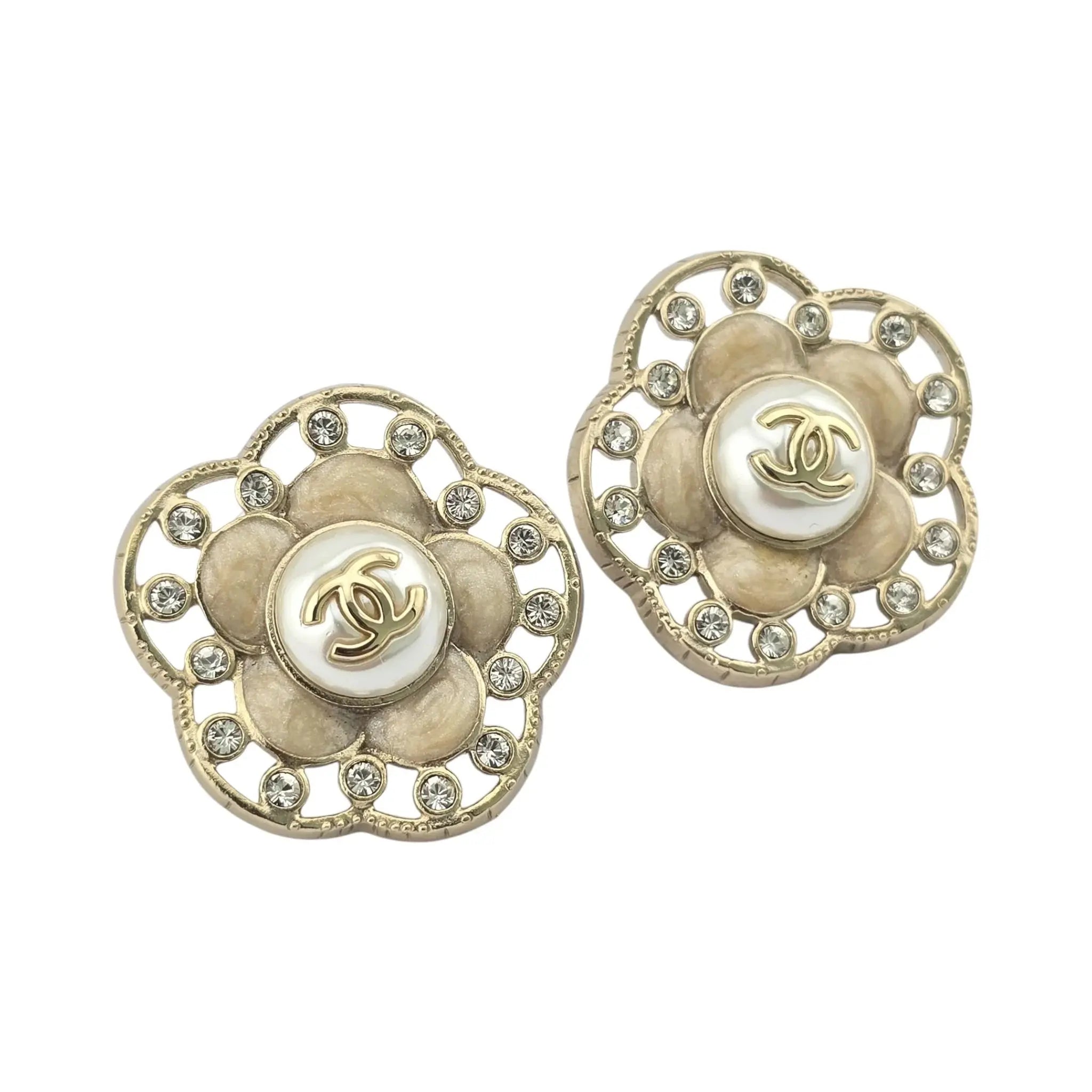Chanel CC Enamel Crystal Pearl Camellia Earrings CHANEL