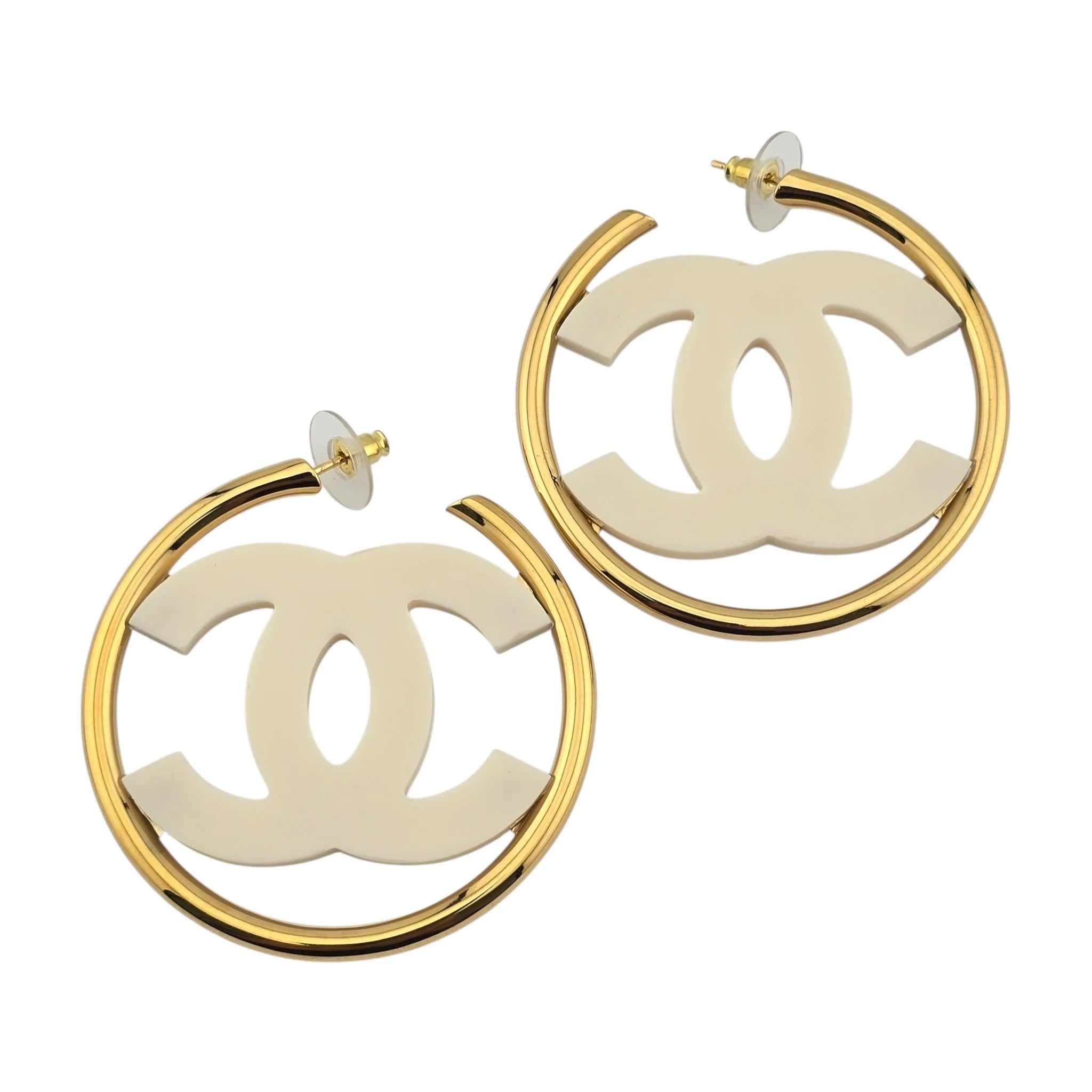 Chanel CC White/Gold Hoop Earrings B24 CHANEL