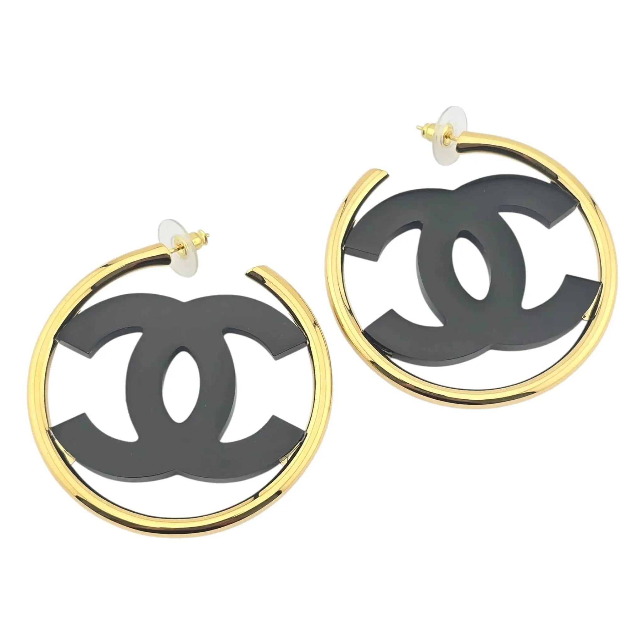Chanel CC Black/Gold Hoop Earrings B24 CHANEL