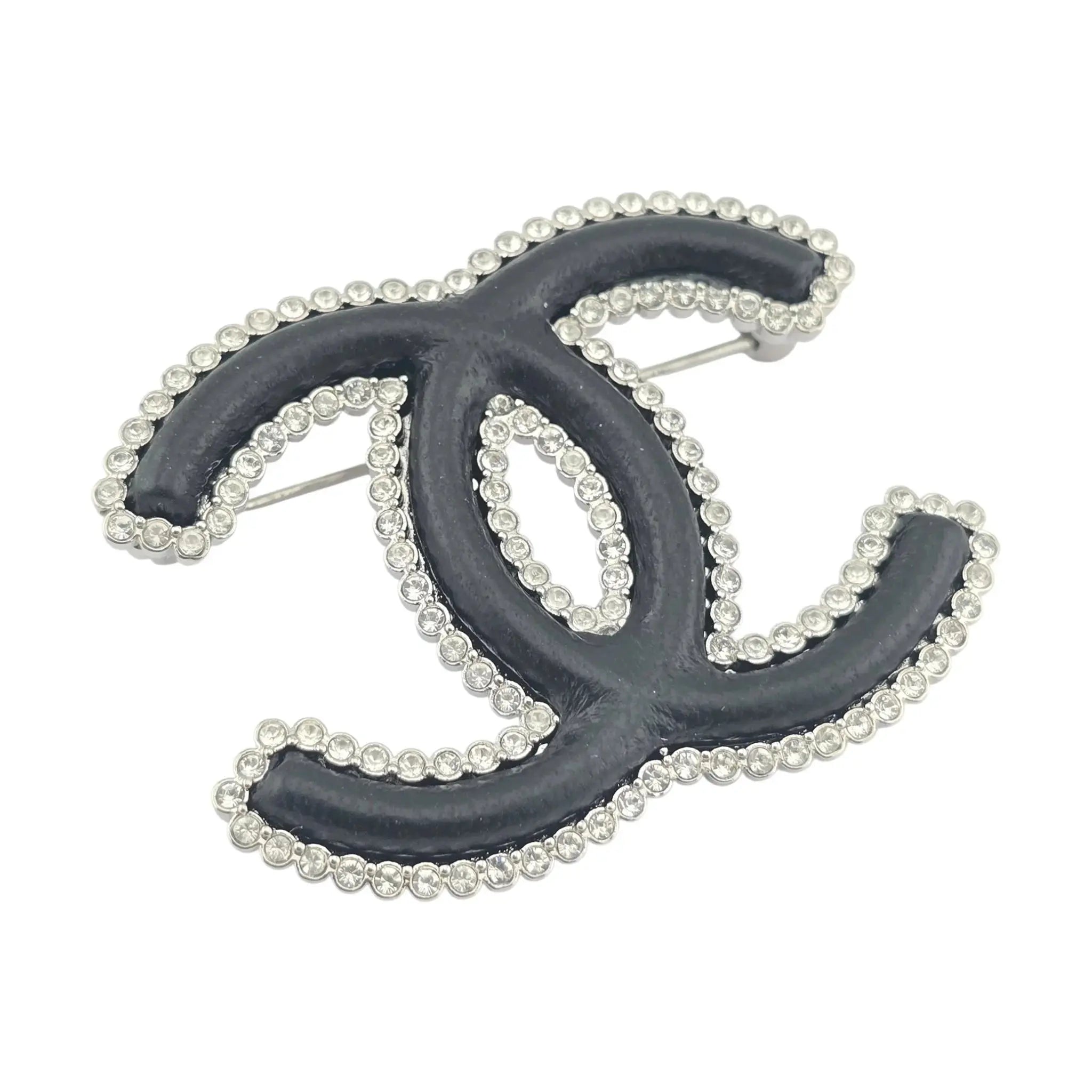 Chanel CC Crystal Leather Silver Tone Pin Brooch 2022 CHANEL