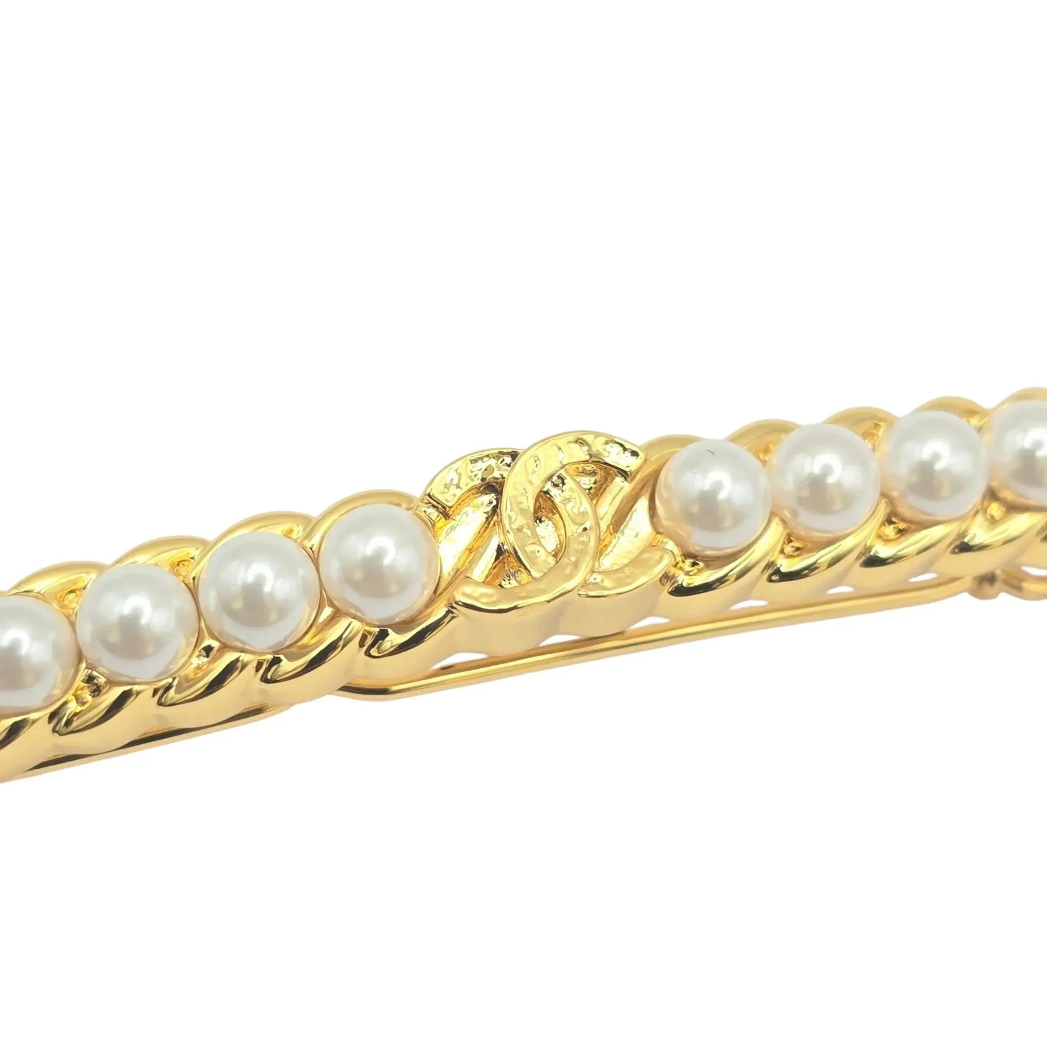 Chanel CC Faux Pearl Gold Hair Barrette Clip B23 CHANEL