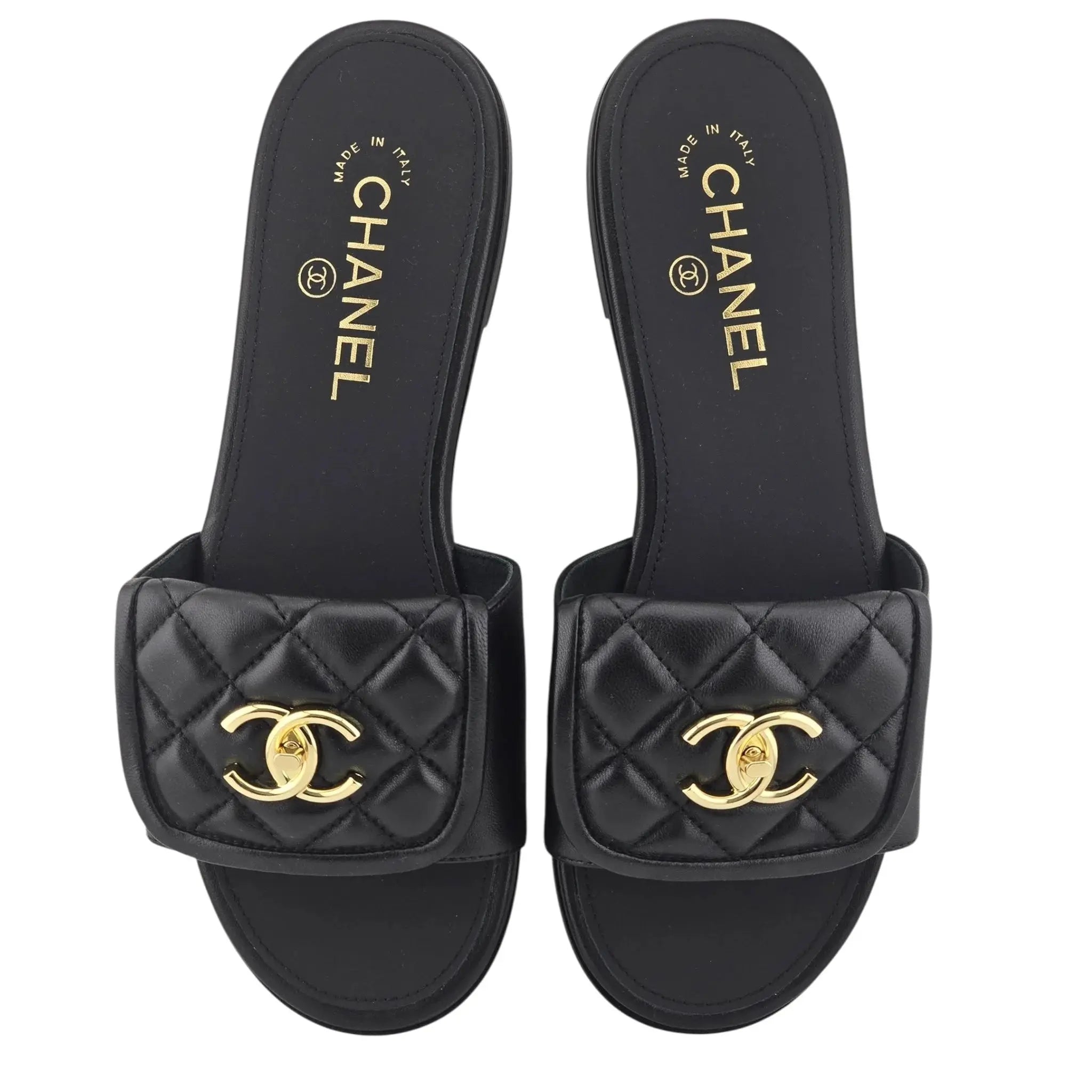 Chanel CC Lambskin Quilted Turnlock Black Gold Sandals 39 CHANEL