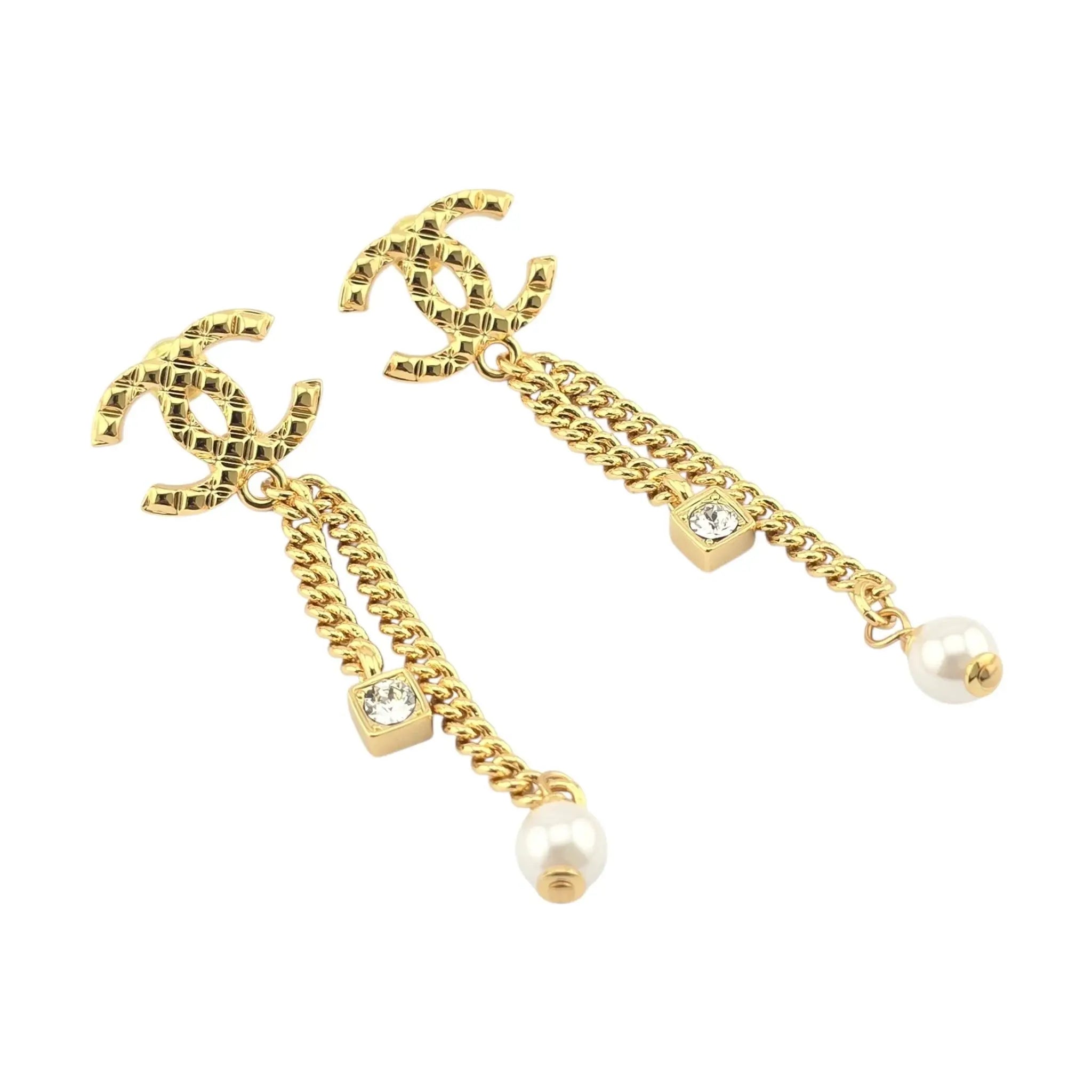 Chanel CC Crystal Pearl Quilted Chain Drop Earrings Gold CHANEL
