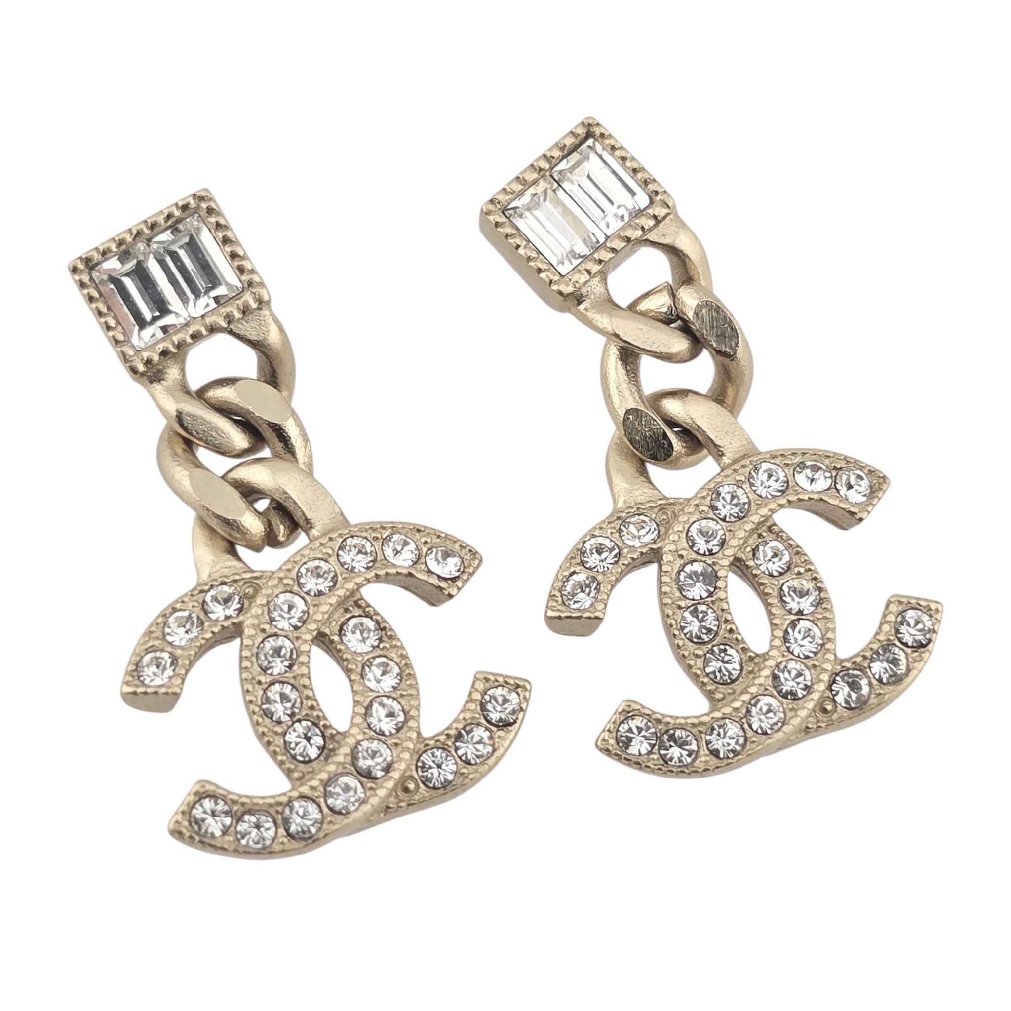 Chanel CC Metal Crystal Baguette Chain Drop Earrings Gold CHANEL