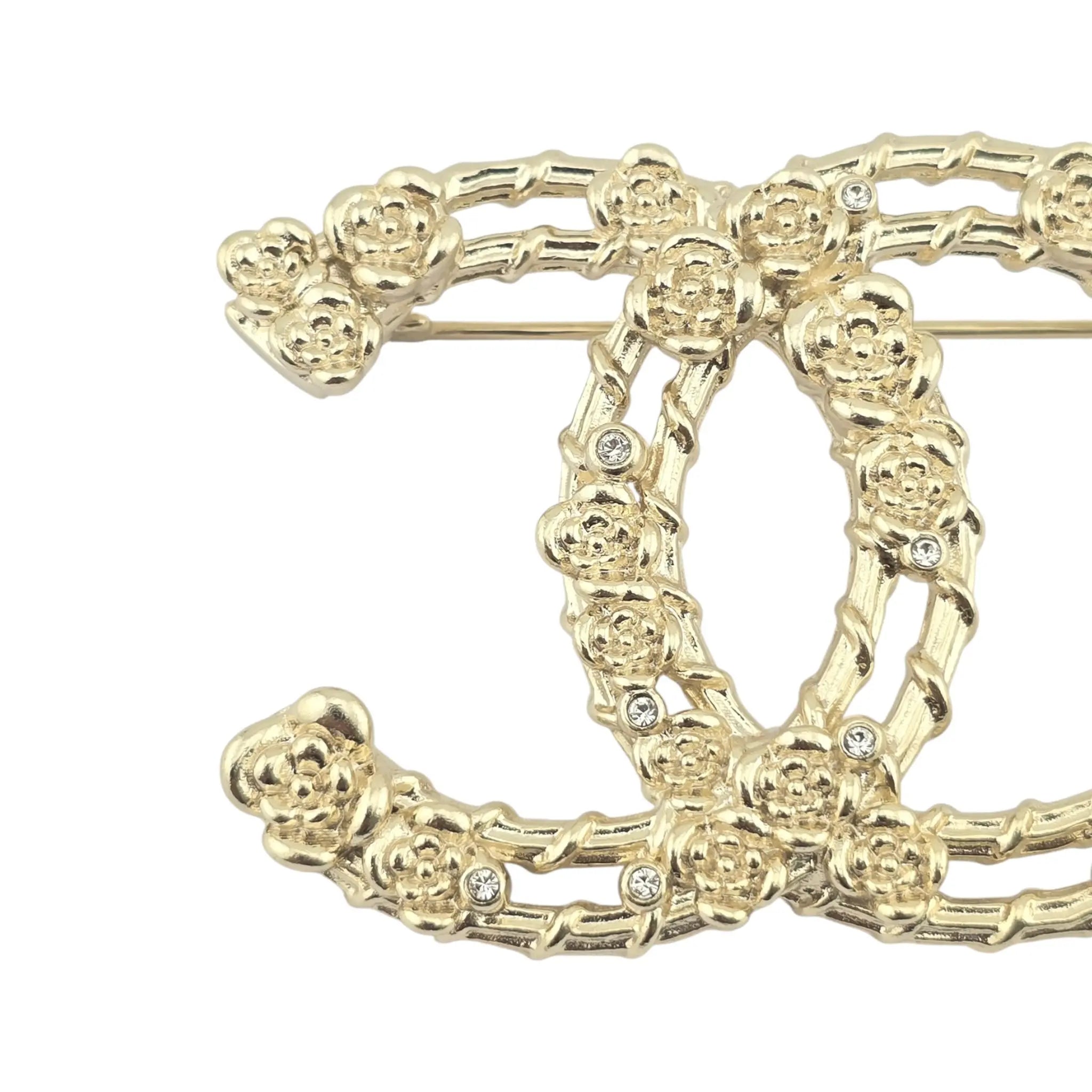 Chanel CC Metal Crystal Camellia Brooch Light Gold CHANEL