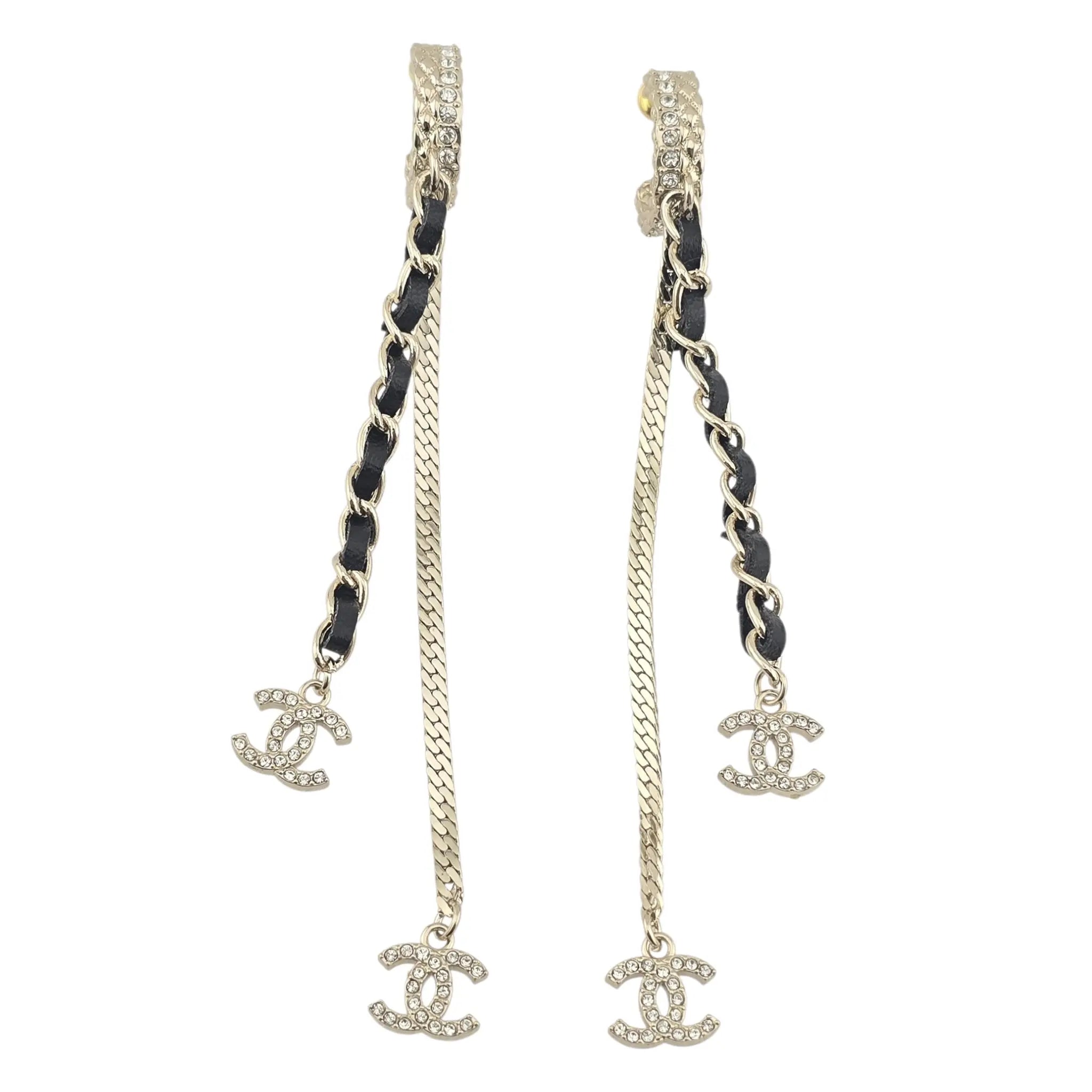 Chanel CC Leather Gold Crystal Earrings 2022