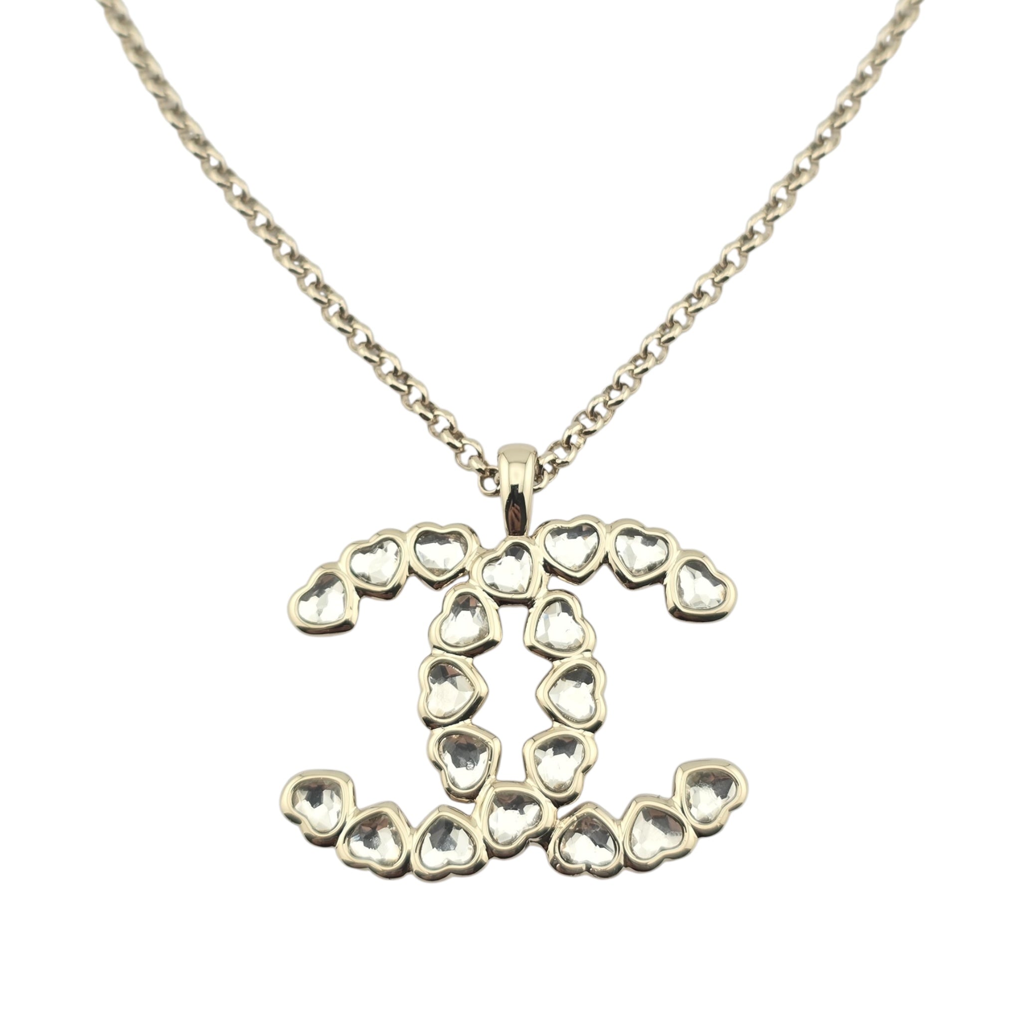 Chanel CC Gold Crystal Heart Pendant Necklace