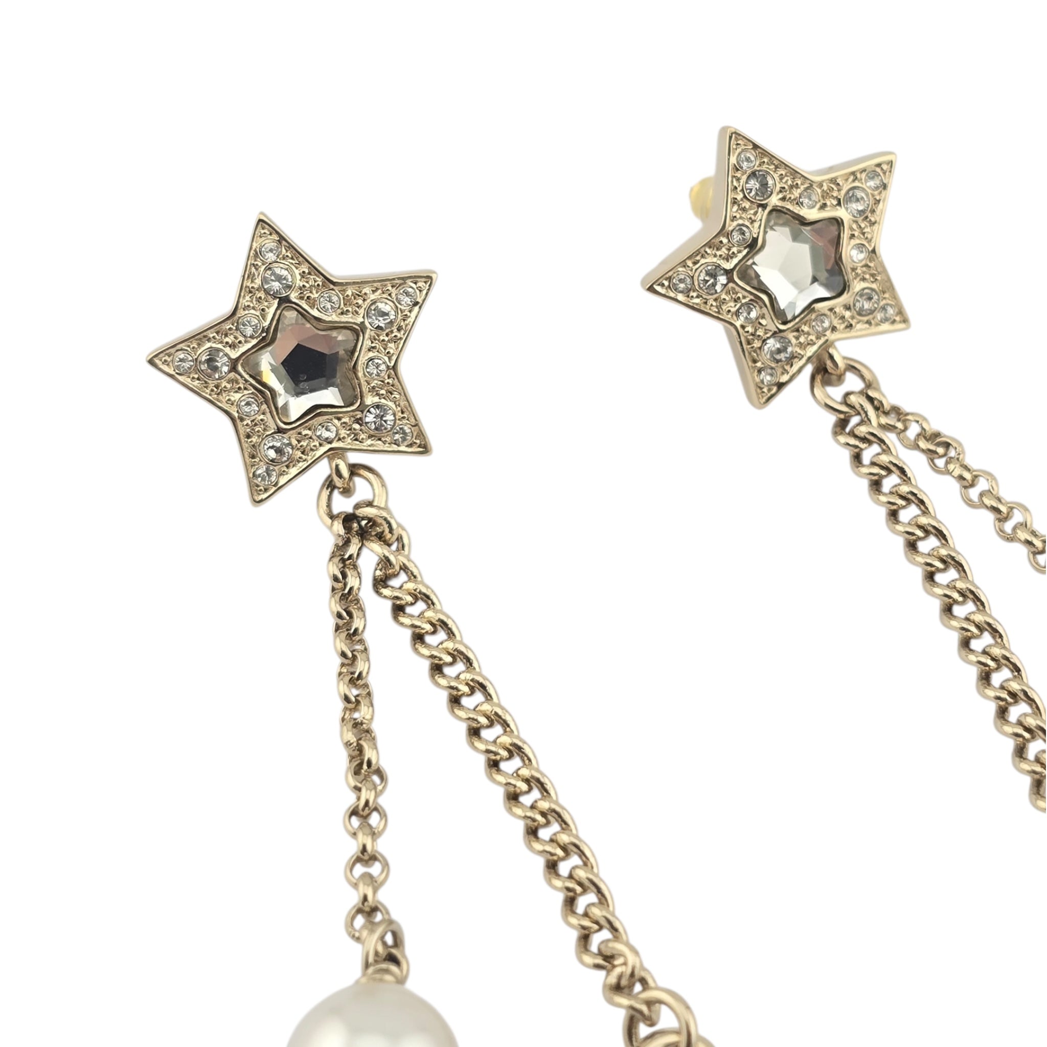 Chanel Crystal Pearl CC Star Drop Earrings Gold 2025