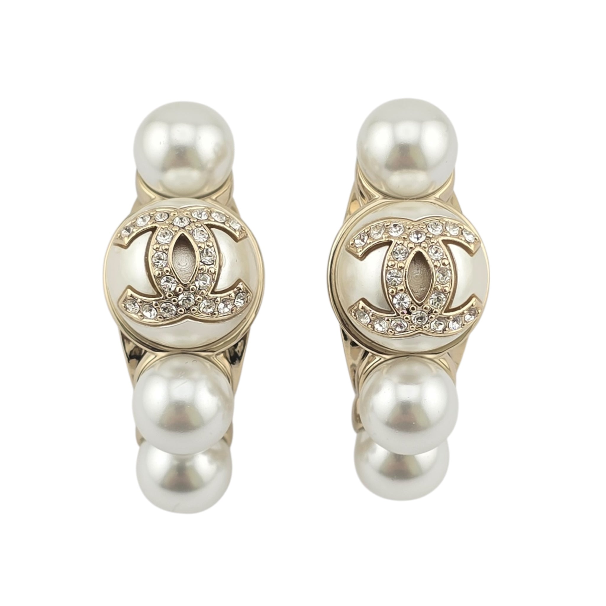 Chanel CC Gold Faux Pearl Hoop Earrings