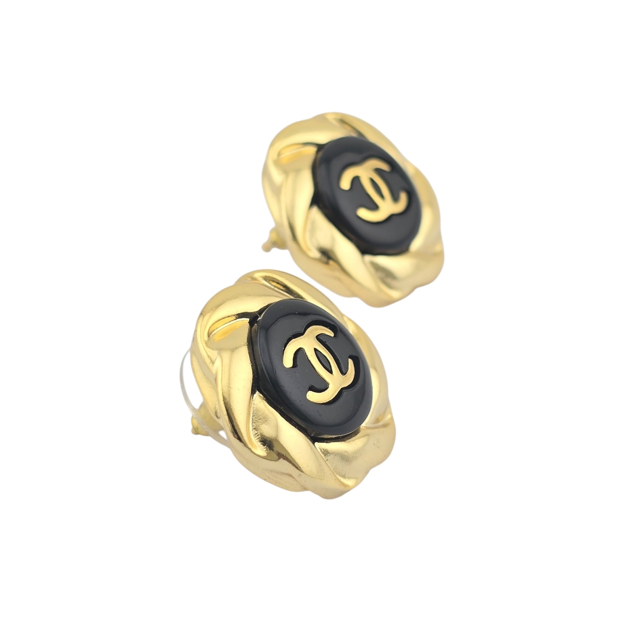 Chanel Resin CC Round Earrings Gold Black A22