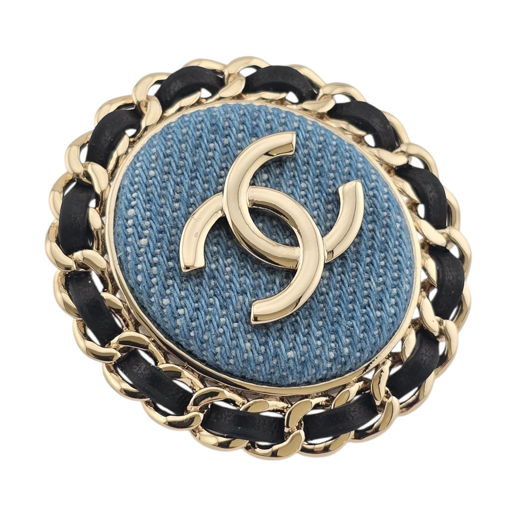 Chanel CC Denim Oval Brooch Blue Gold 2025 CHANEL