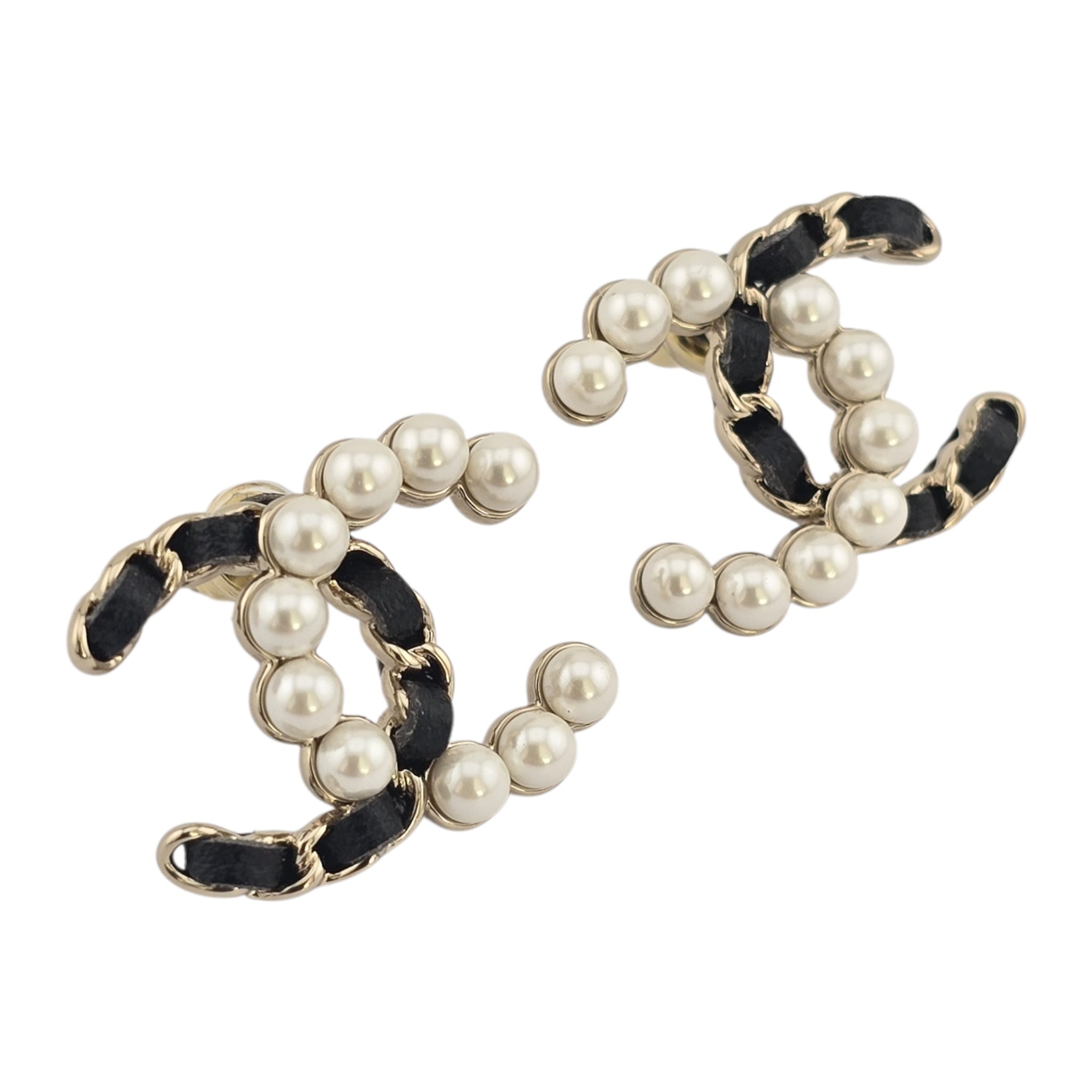Chanel CC Gold Faux Pearl Leather Stud Earrings 2025 CHANEL