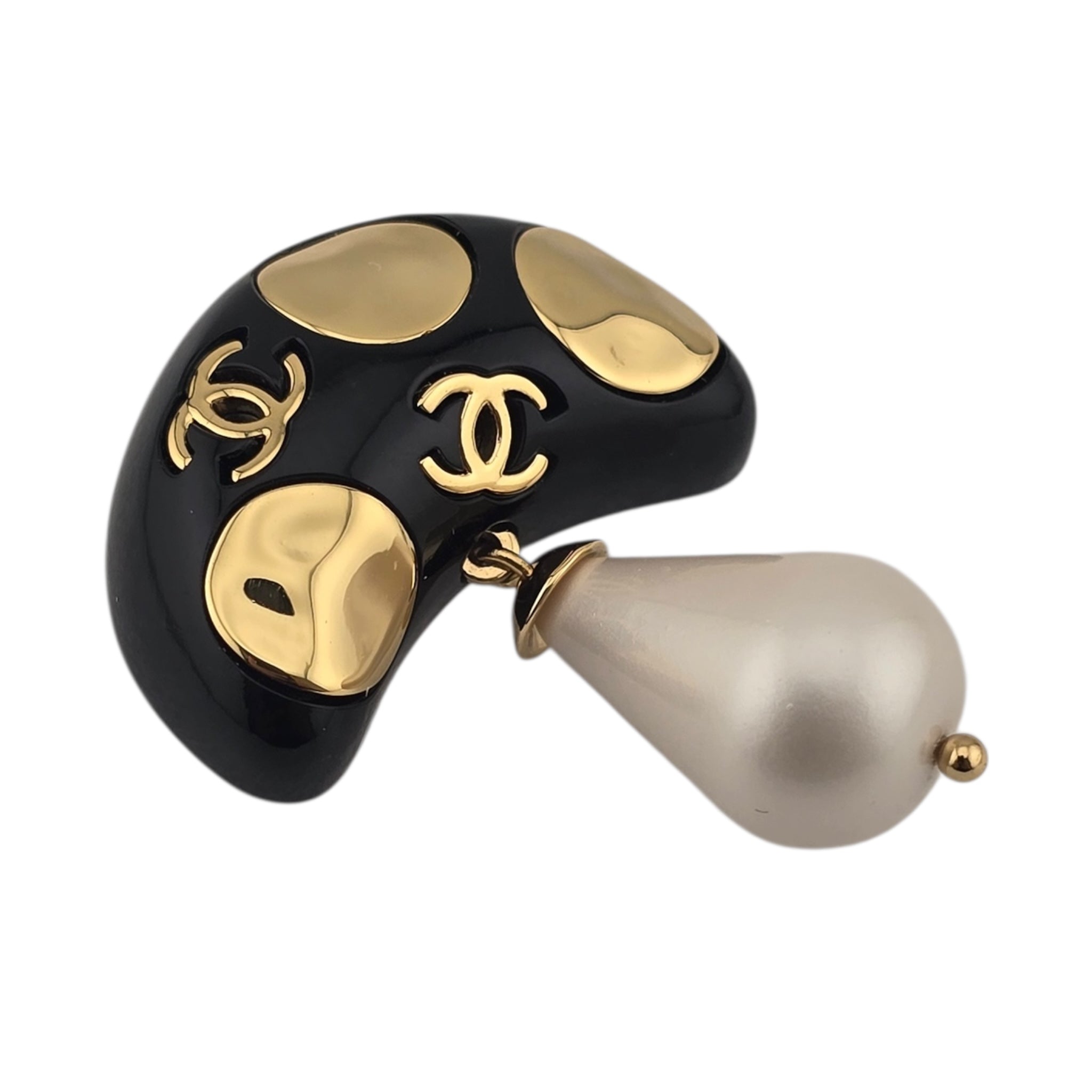 Chanel CC Mushroom Black Gold Pin Brooch CHANEL