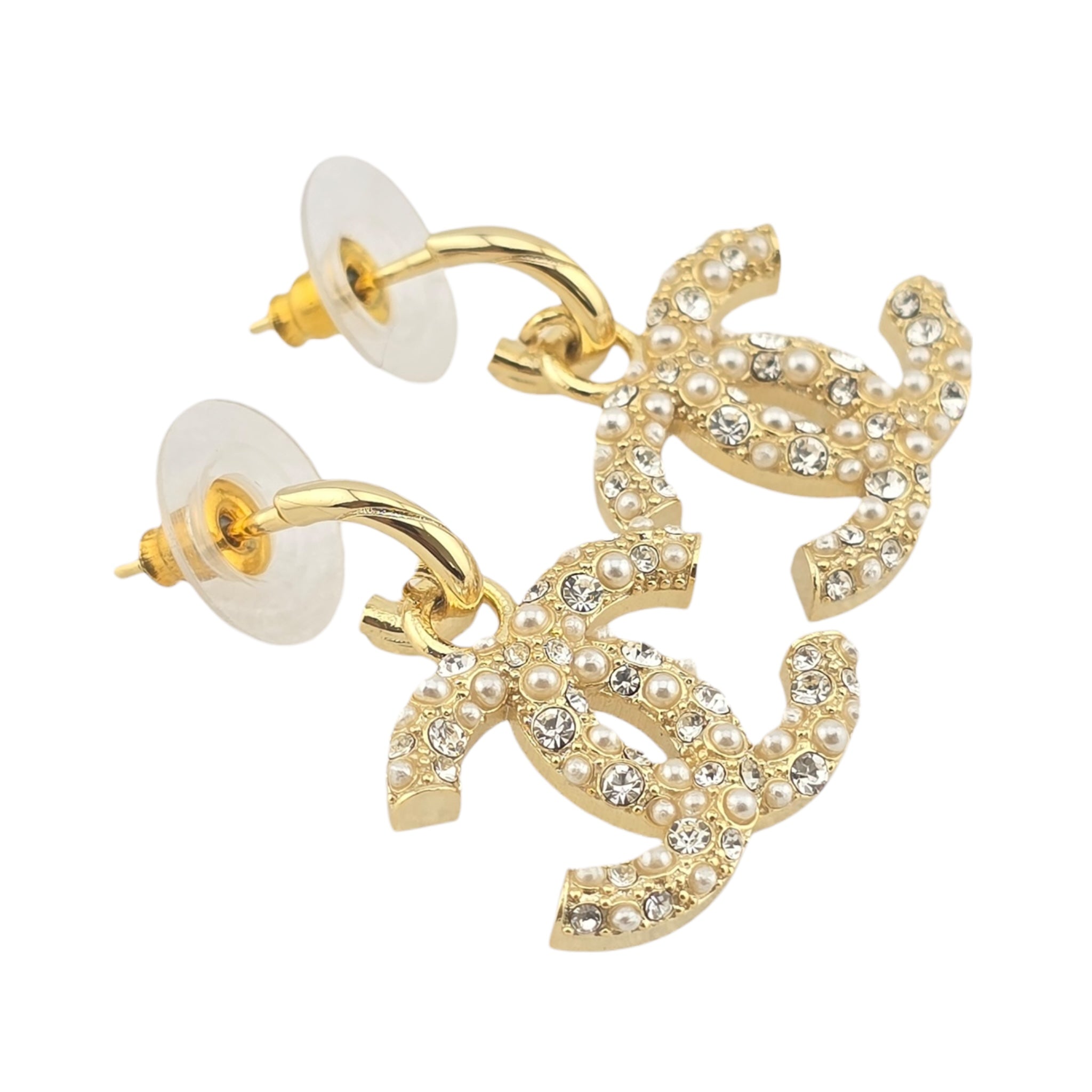 Chanel CC Gold Drop Crystal Faux Pearl Earrings 2022 CHANEL