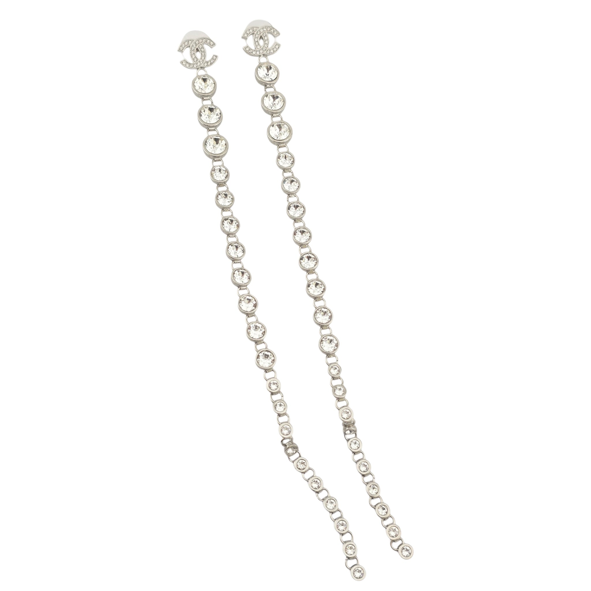 Chanel CC Crystal Long Drop Silver Earrings 23SS CHANEL