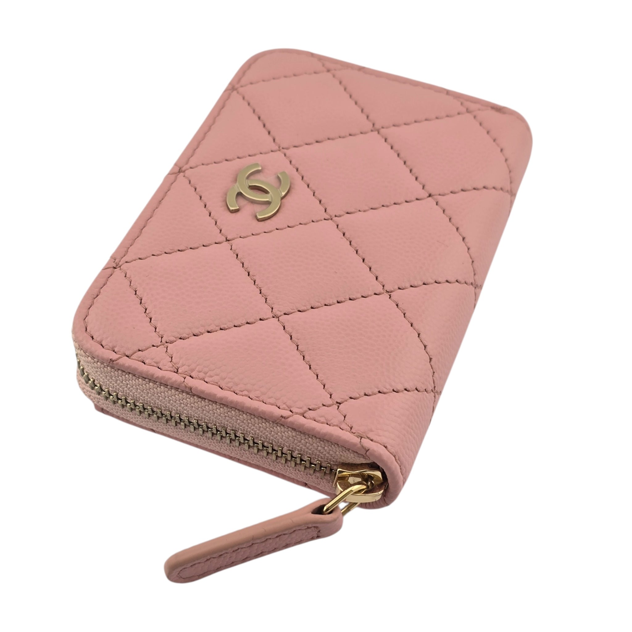 Chanel CC Caviar Classic Zip Coin Purse Card Holder Pink Gold CHANEL