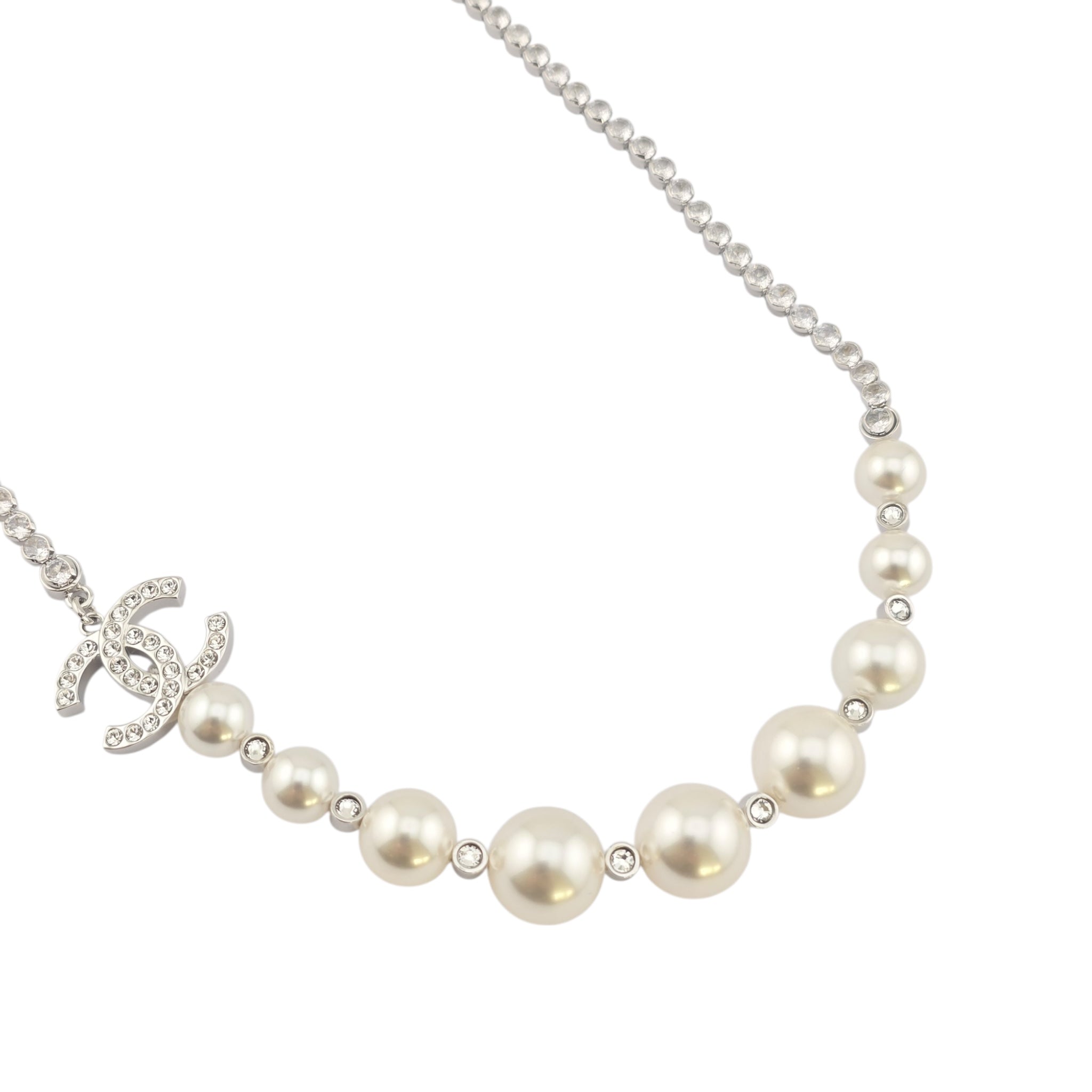 Chanel CC Faux Pearl Silver Crystal Necklace 2025 CHANEL