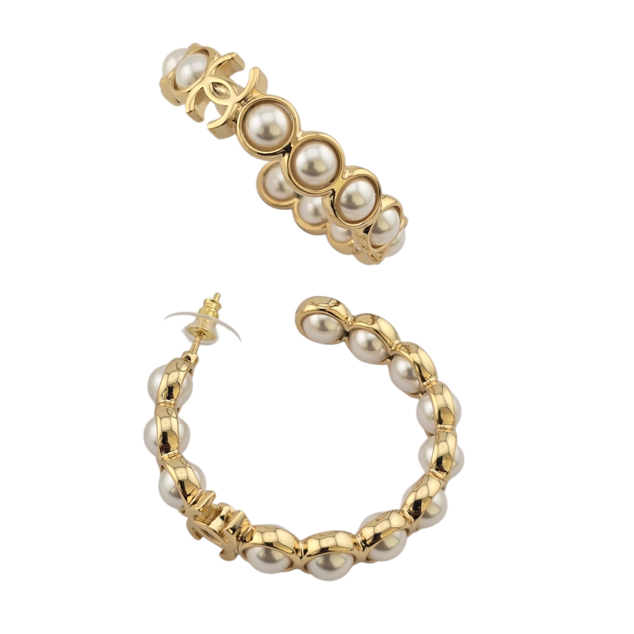 Chanel CC Faux Pearl Gold Hoop Earrings 2024 CHANEL