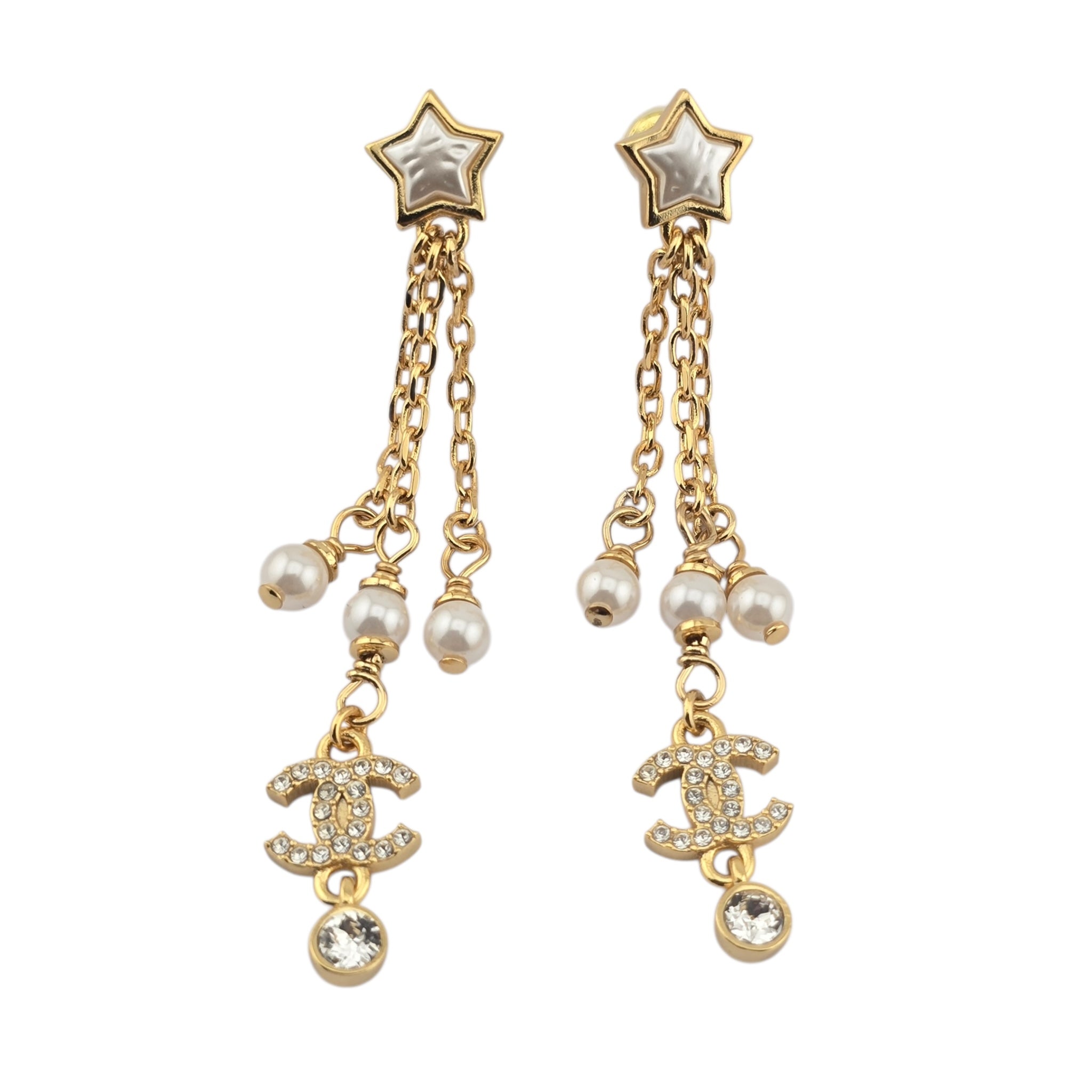 Chanel CC Faux Pearl Star Dangle Gold Earrings 2024