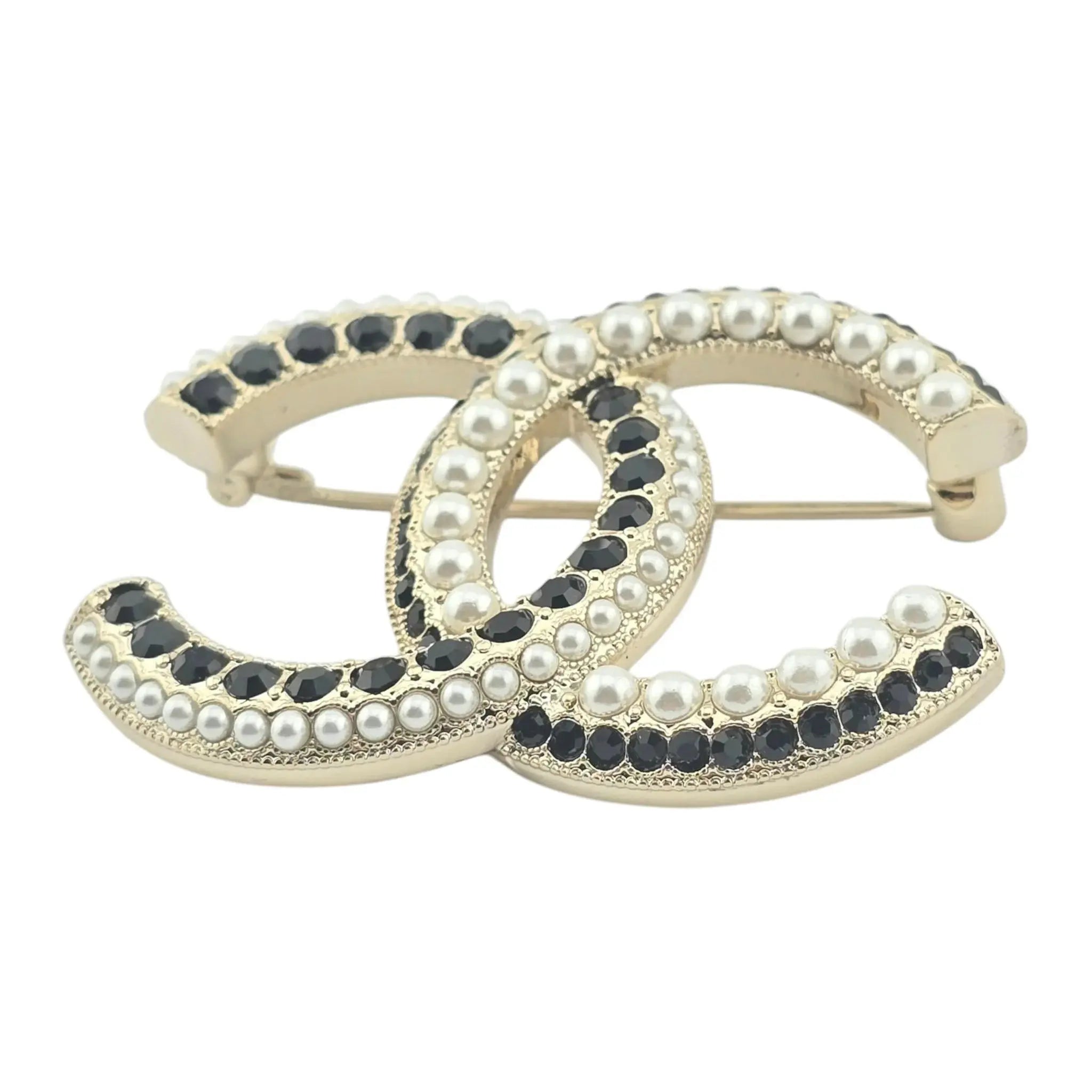 Chanel CC Gold Black Crystals Faux Pearl Brooch 2022 CHANEL