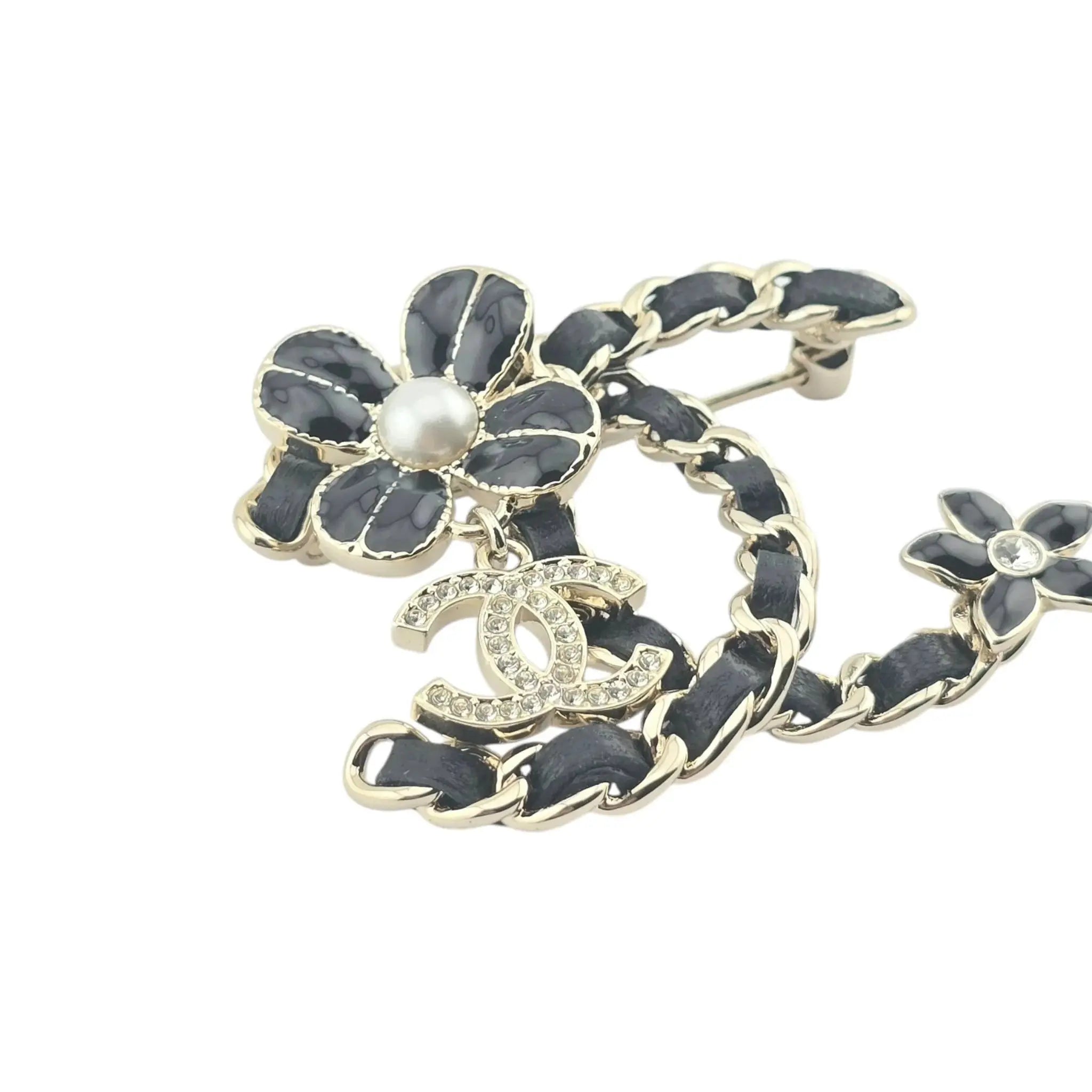Chanel CC Black Leather Floral Brooch 2022 CHANEL