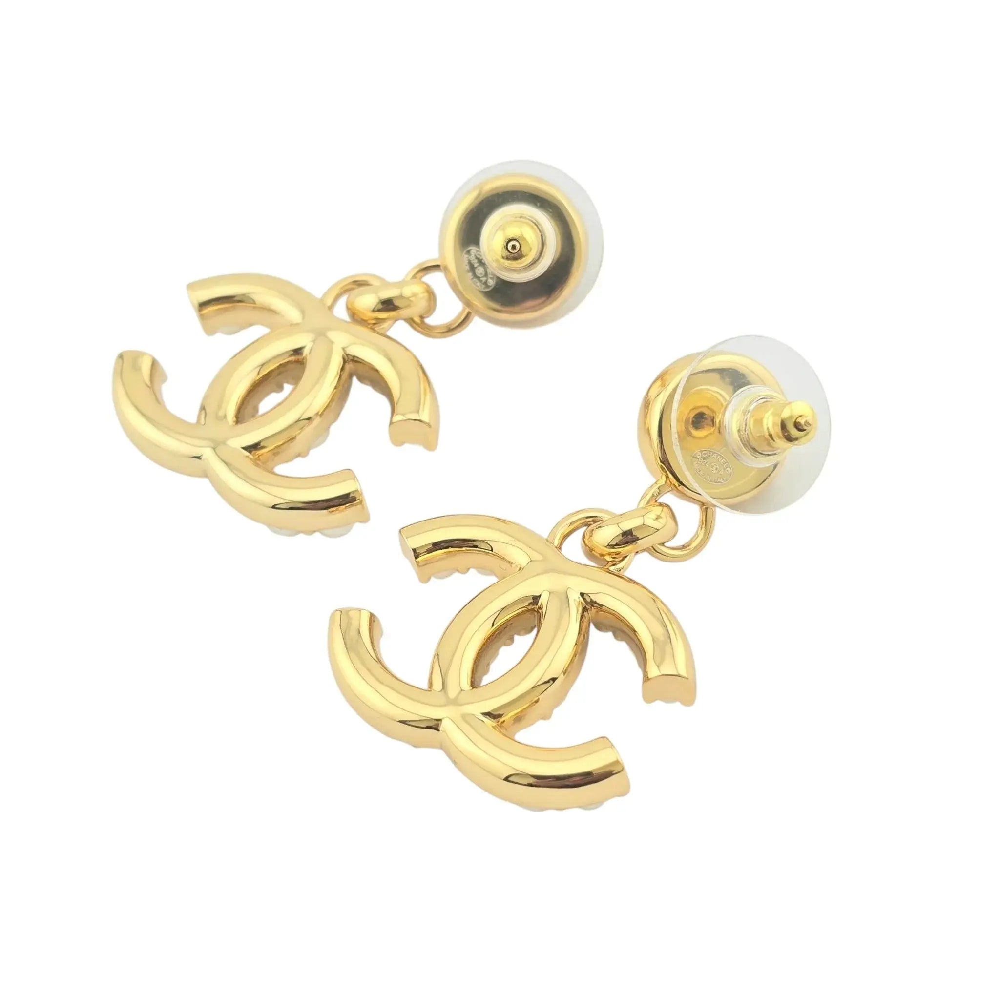Chanel CC Gold Faux Pearl Crystal Drop Earrings 2024 CHANEL