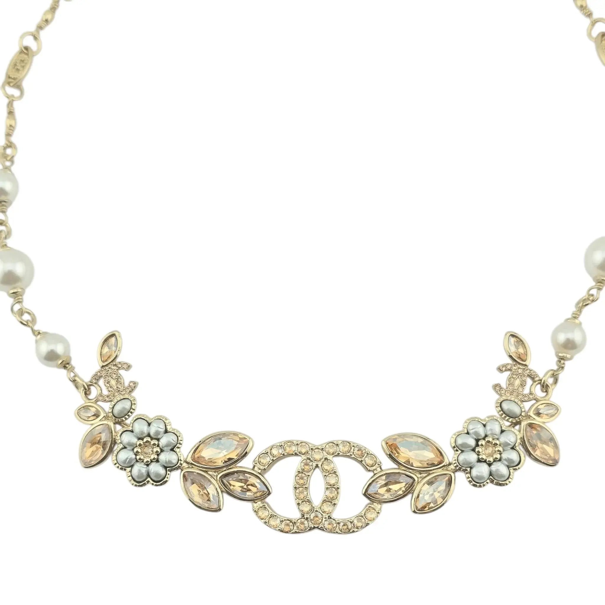 Chanel CC Flower Leaf Crystal Gold Necklace 2022 CHANEL
