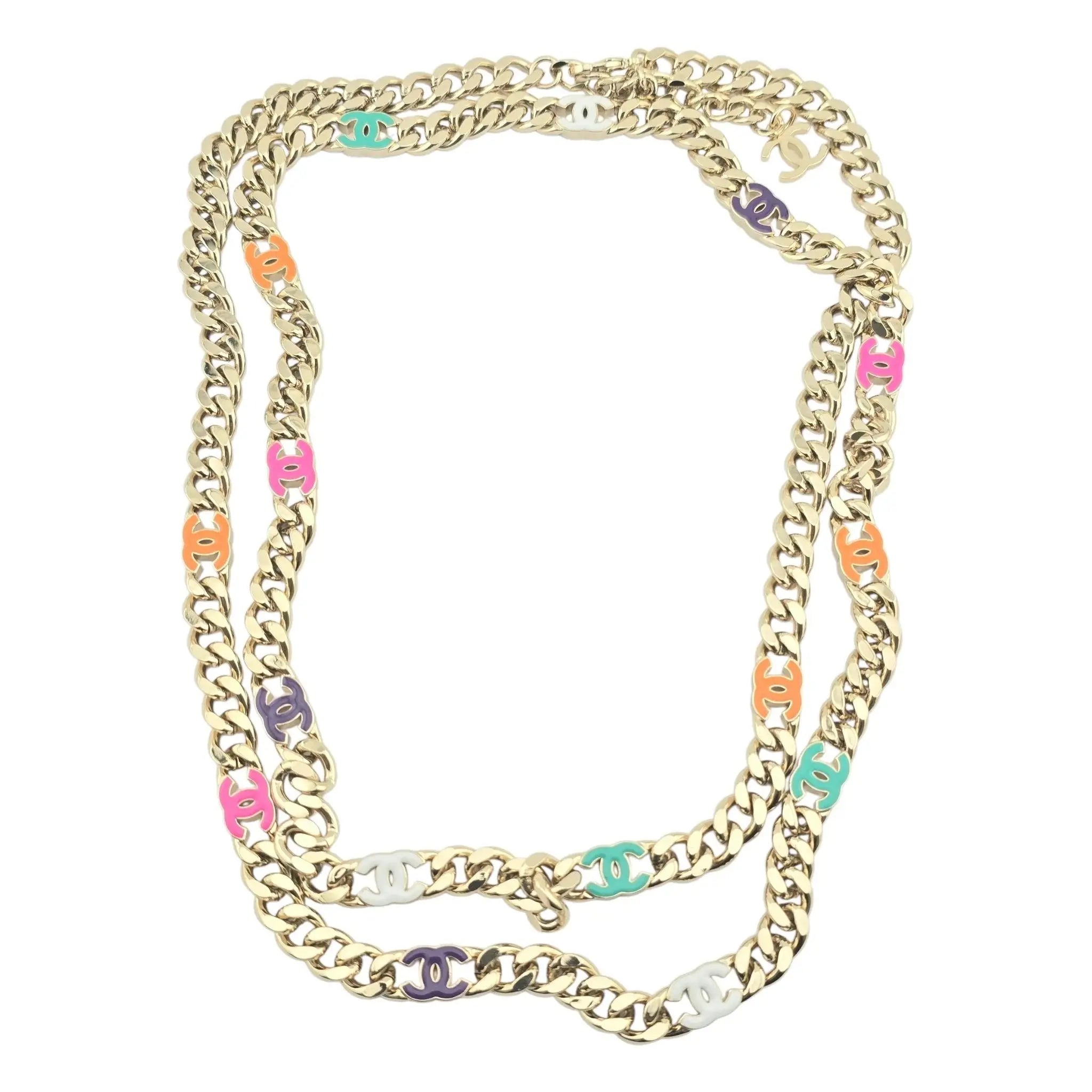 Chanel Metal Enamel Chain CC Long Necklace Gold Multicolor B24 BIJOUX HEAVEN